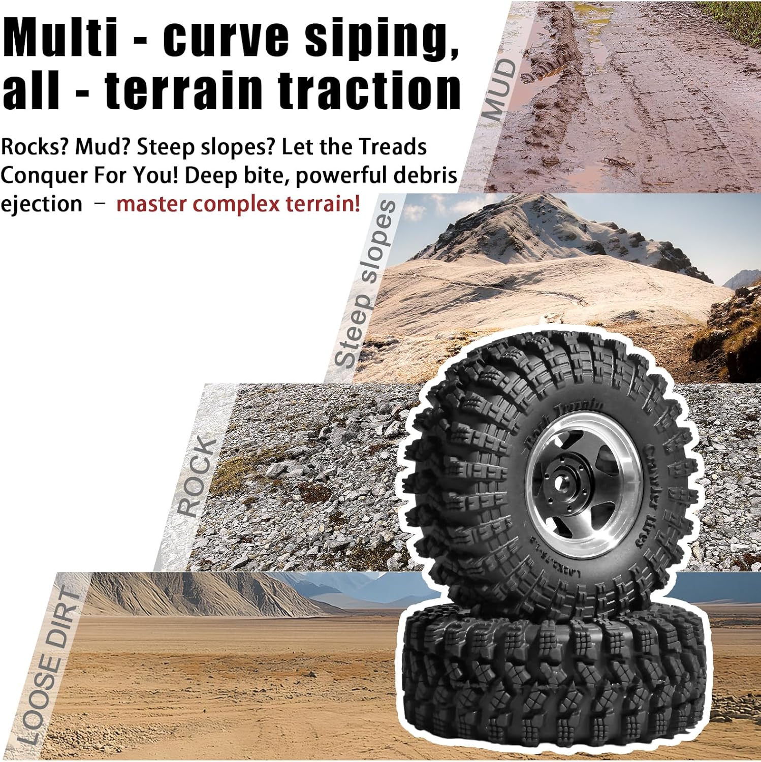1.3” Beadlock Wheel Tires Set 70 * 26mm Aluminum Wheel Rims Super Large Soft Mud Terrain Off-Road Tires for 1/18 1/24 RC Crawler Car SCX24 Axial AX24 FMS FCX24 TRX4M Upgrade RC Car（4 Pcs） Black