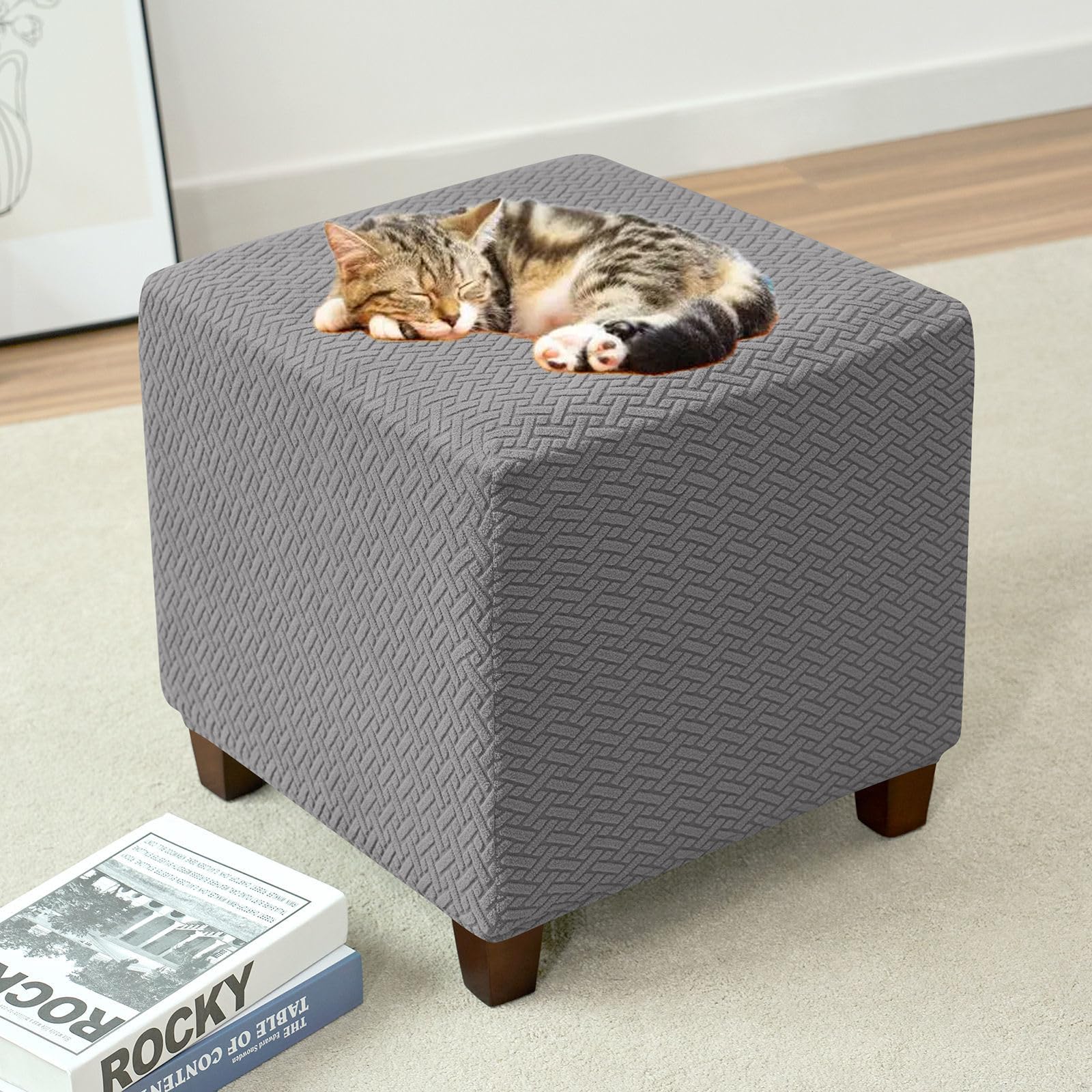Copri Pouf Quadrato Elasticizzato per Soggiorno-grigio chiaro | Protezione per Poggiapiedi Ottomano Spessa e Lavabile,Resistente all'Usura, Antipolvere e contro i Peli di Gatti e Cani