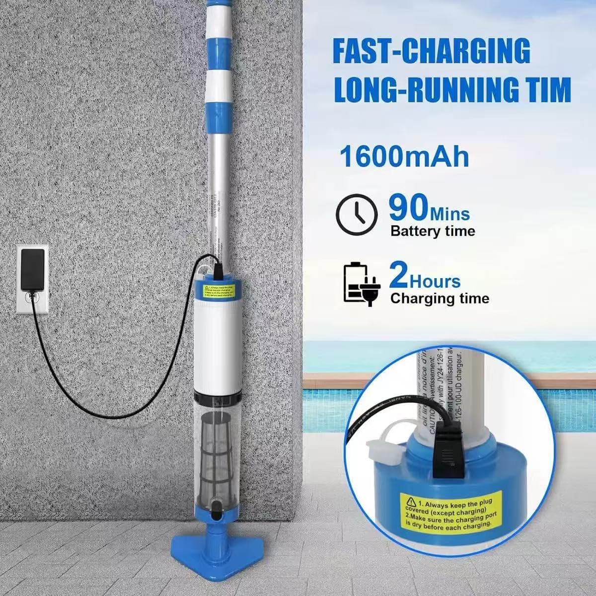 Cordless Handheld Pool Vacuum with Telescopic Pole | Rechargeable, IPX8 Waterproof Cleaner for Inground/Above Ground Pools, Spas & Hot Tubs – 2-Hour Runtime