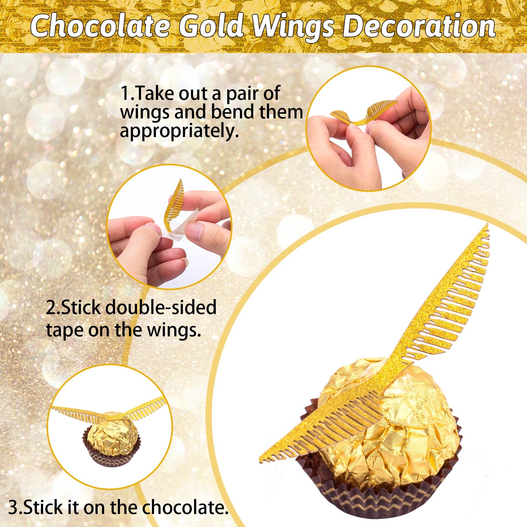 OIIKI 100PCS Gold Wizard Wings Chocolate Decorations – Hollowed Paper Wings With Glue Dots For Cake, Cupcakes