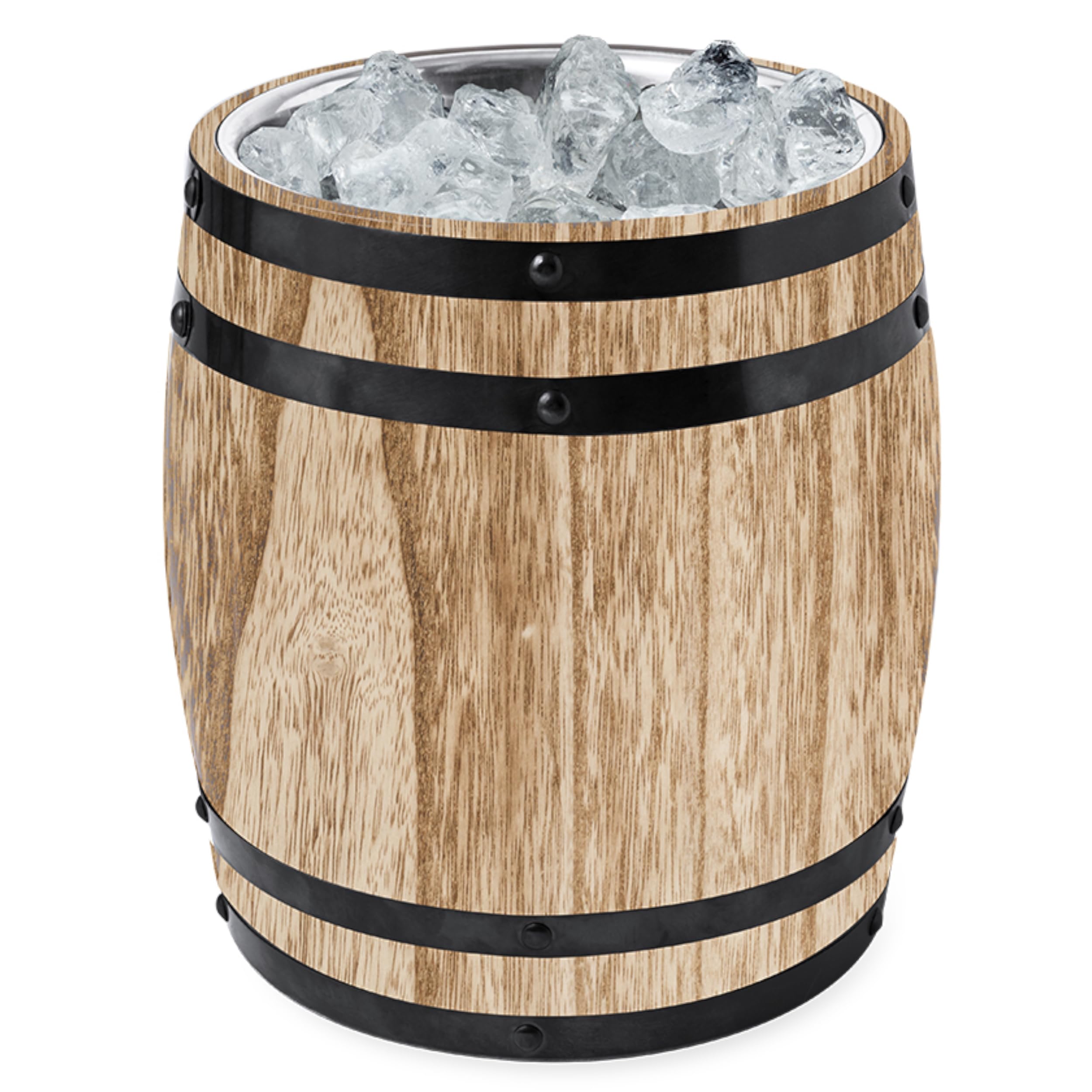 Flaschenkühler Getränkekühler Bierkühler Bierfass Sektkühler Eiswürfelbehälter als Holzfass mit doppelwandigem Edelstahl für Flaschen oder Eiswürfel 3 Liter Inhalt für Gartenparty und Event