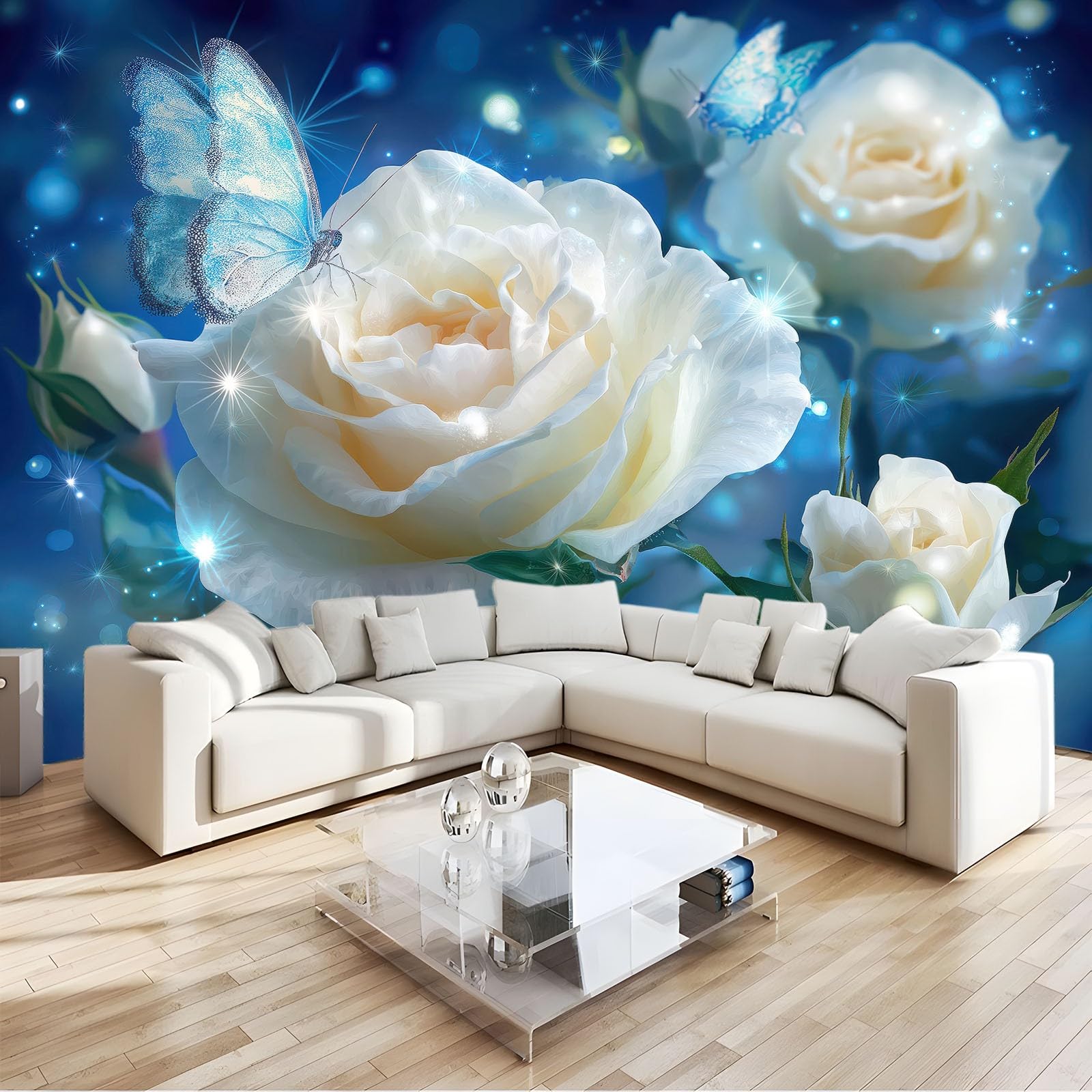 Générique Panoramiczna tapeta fantazyjne plamy świetlne różowe motyle 3D 300 x 210 cm, włóknina XXL nowoczesna dekoracja ścienna salon sypialnia biuro pokój dziecięcy, niebieska