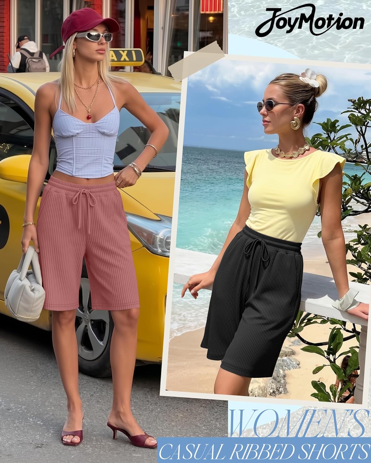 3 Pack Women's Bermuda Shorts Ribbed Casual Elastic High Waisted Drawstring Lounge Summer Beach Shorts with Pockets