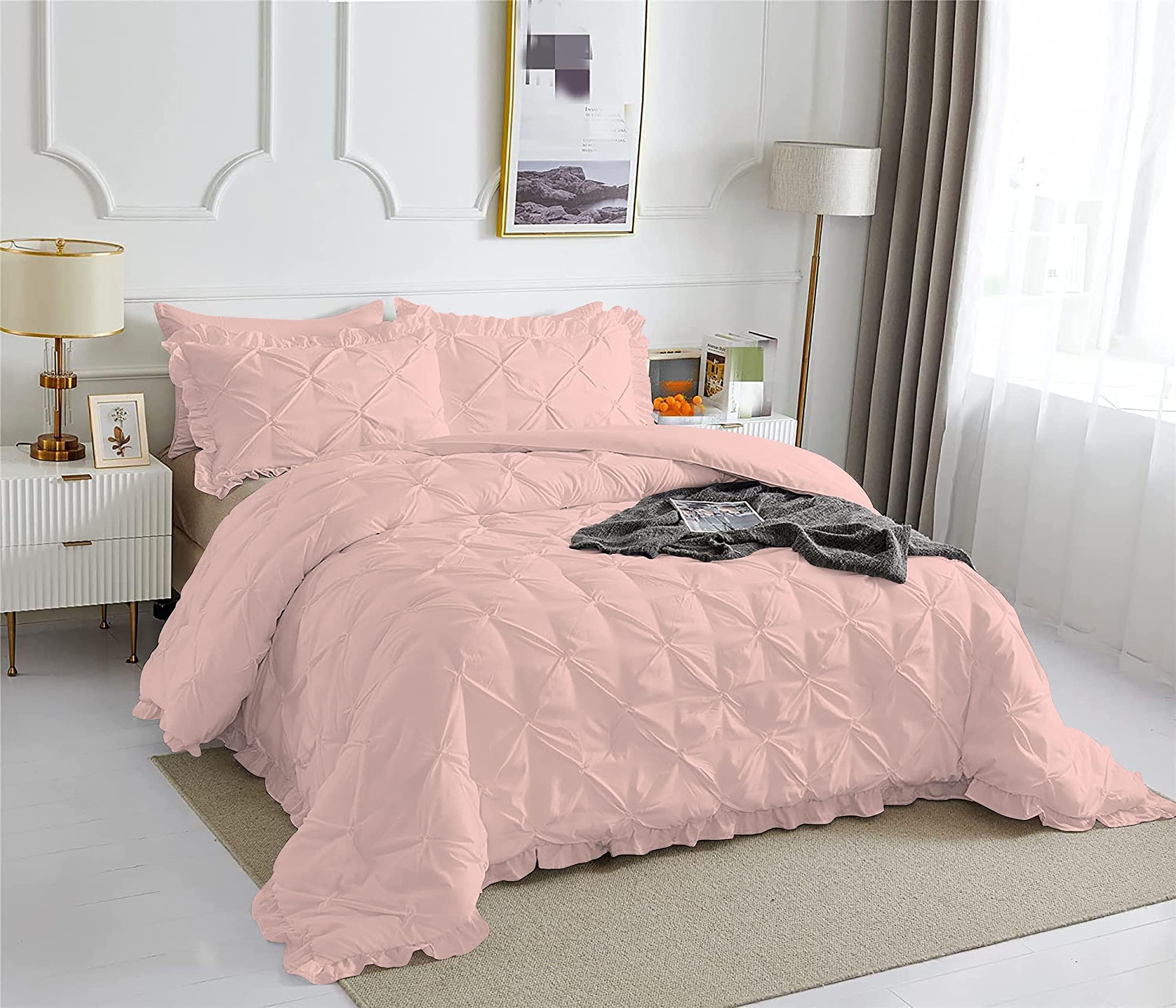 Luxurious 1 Piece Ruffle Pinch Pleated Comforter Premium Super Soft 450 GSM All Season Pintuck 1000 Thread Count 100% Egyptian Cotton Super Soft - Super King Size Blush Color