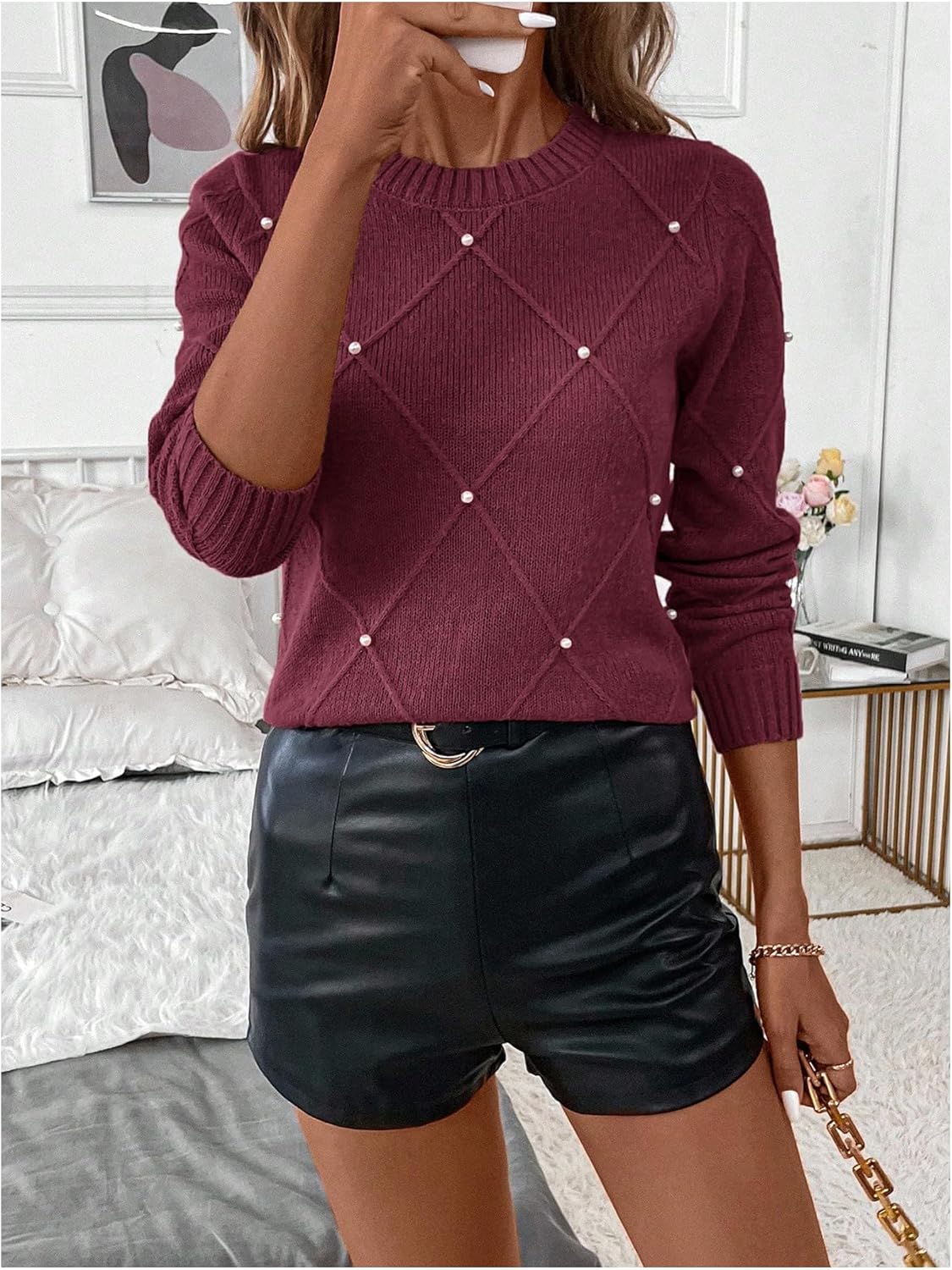 Verdusa Women's Business Casual Outfits Elegant Holiday Sweaters Pearl Long Sleeve Textured Knit Pullover Tops - Image 3