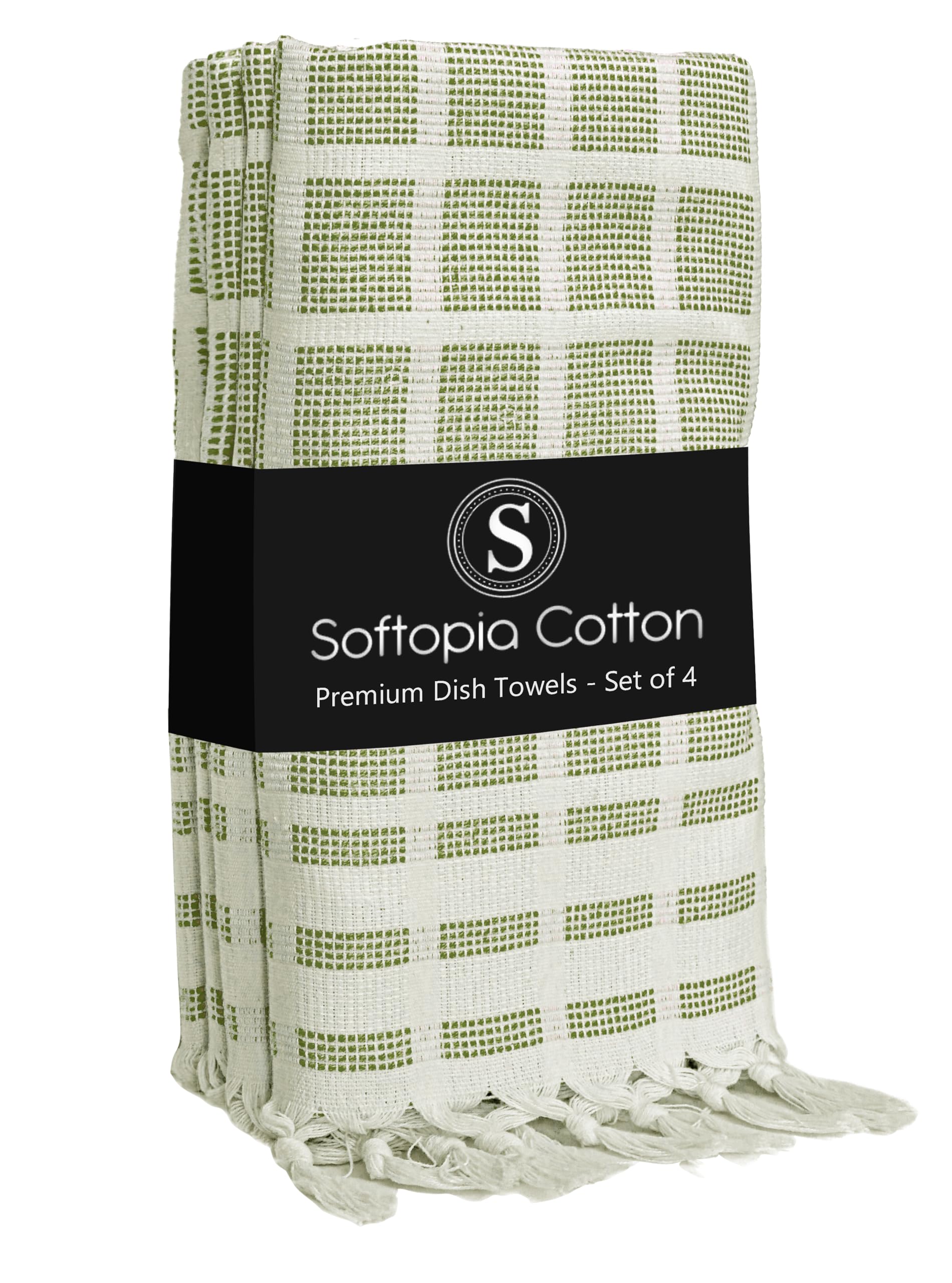 Matrix Dobby Kitchen Towels 4 Pack 100% Cotton, 16x26 Inches, Fast Drying, Absorbent Dish Towels with Handmade Tassels, Reusable Cleaning Cloths for Daily Use - Mint Green, White