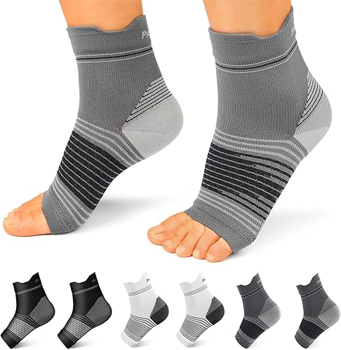 Calcetines para fascitis plantar (6 pares) para hombres y mujeres, mangas de compresión para pies con soporte de arco y tobillo (negro, gris,