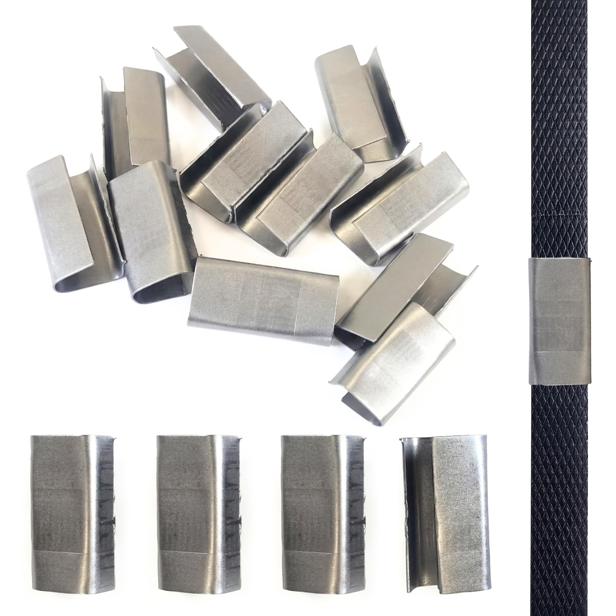 Uniones Metálicas para cerrar fleje de plástico | Precinto de acero para fleje | Acabado Liso | Para fleje Ancho 13 mm | Pack 4.000 unidades
