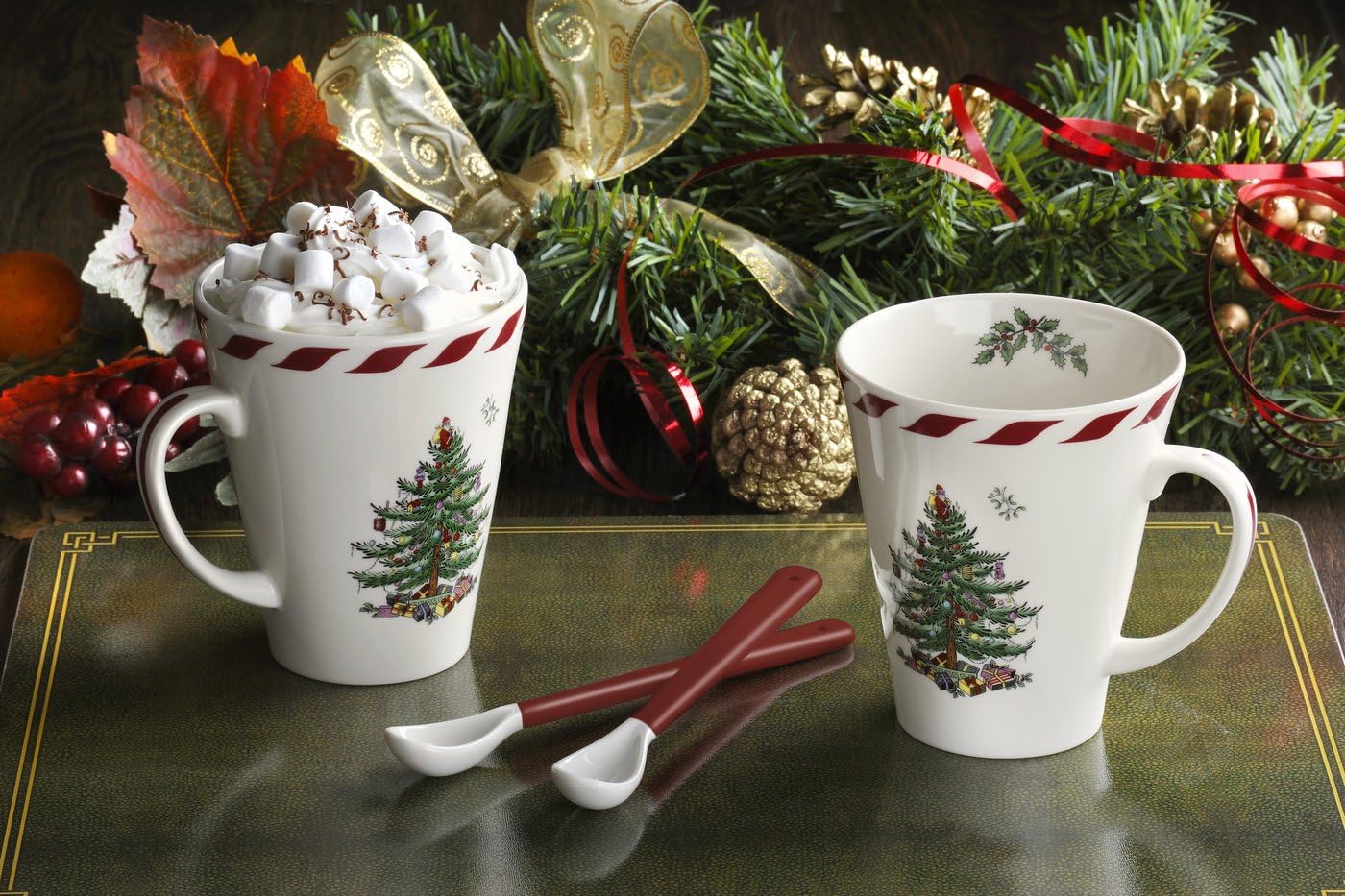 Spode Christmas Tree Peppermint 14oz Mug & Spoon Set (4-Piece) - Festive Earthenware with Candy Cane Motif, Mug for Hot Chocolate, Coffee, Holiday Mornings - Christmas Drinkware - Image 2