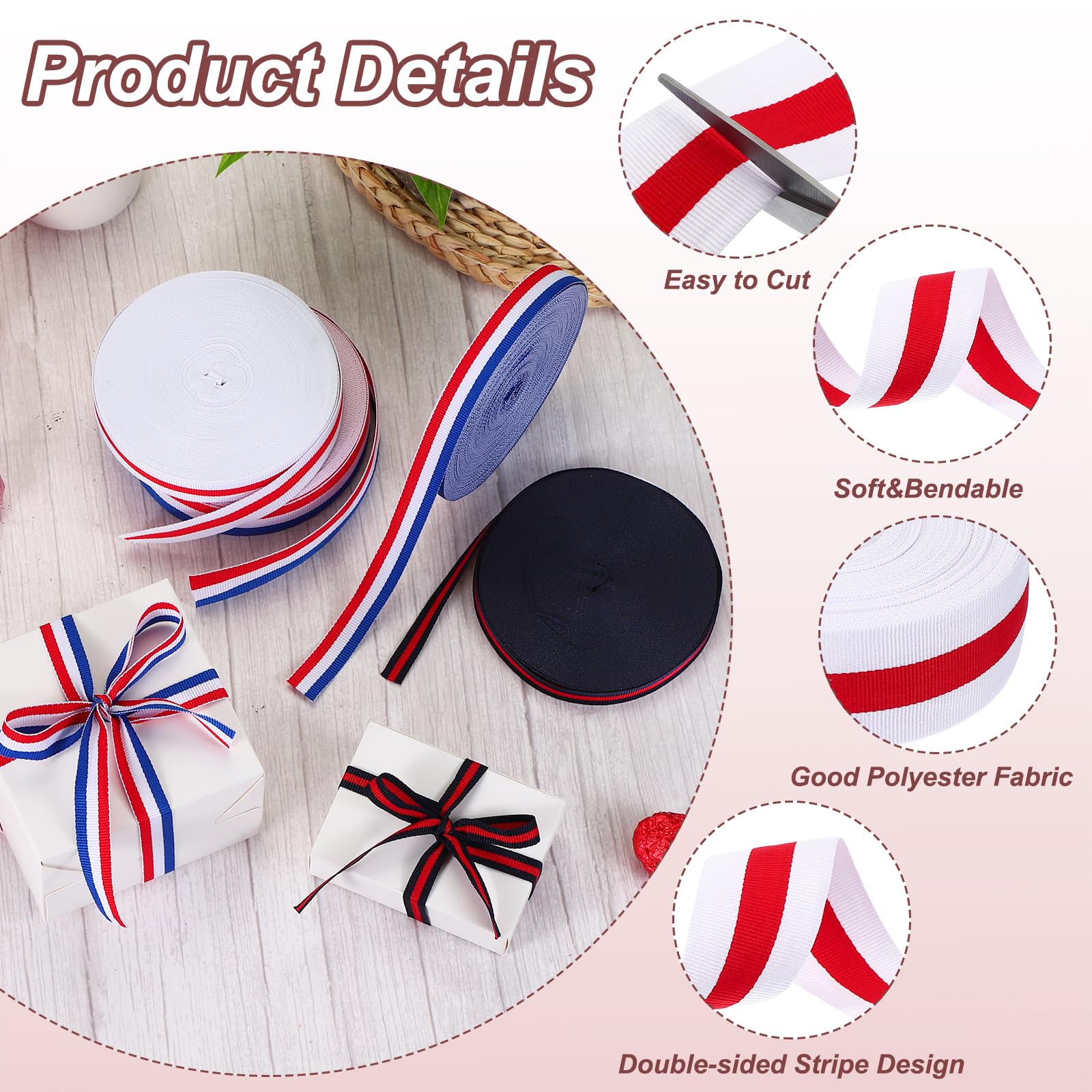 PATIKIL 1-5/8" White Red Striped Grosgrain Ribbon - Image 3