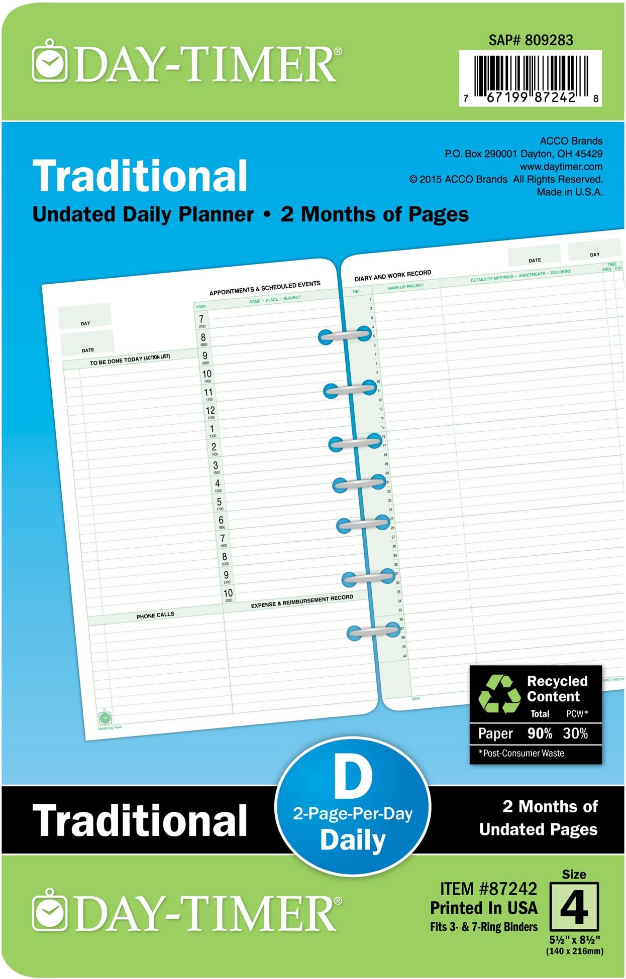 2020 Day-Timer Two Page Per Day Refill, 2 Months, Undated, Loose-Leaf, Desk Size, 5.5 x 8.5 Inches (87242)