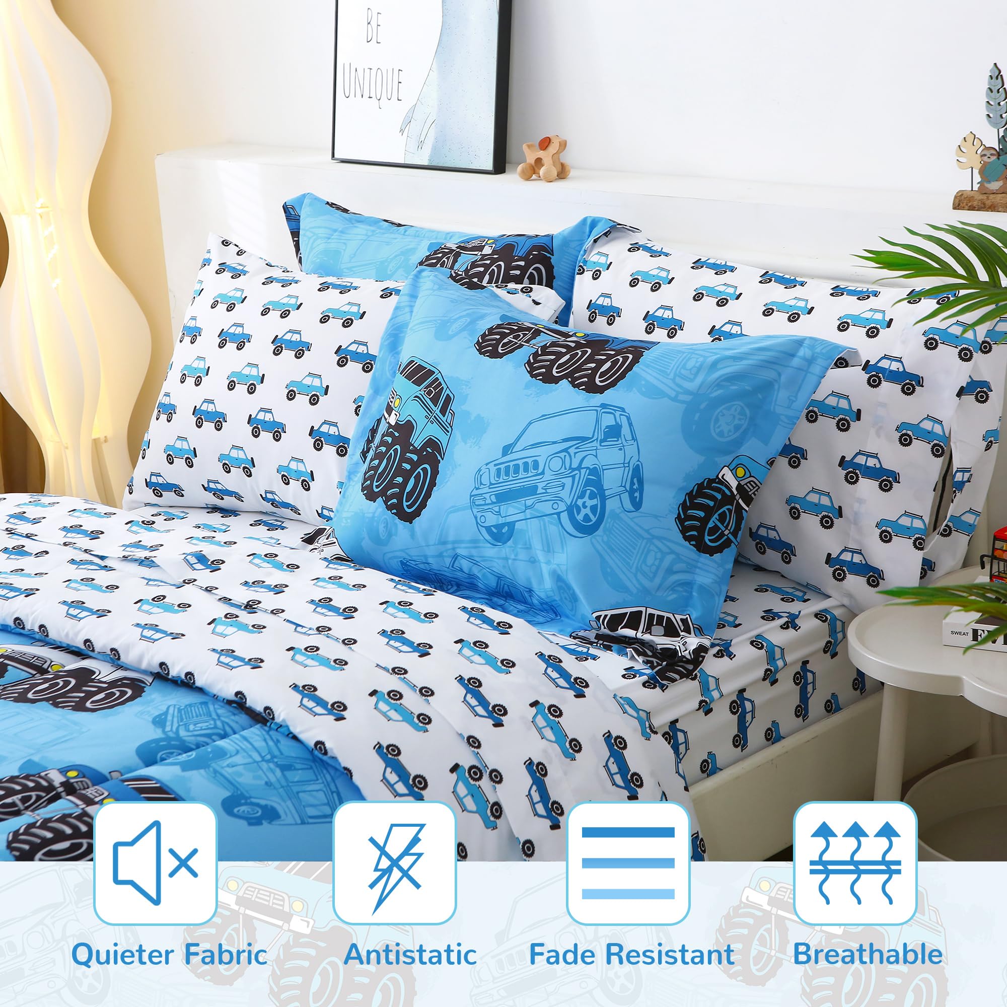 Mooreeke Kids Twin Comforter Sets for Boys 6 Pieces Truck Blue Bedding Set for Teens Soft Microfiber Kids Bed in A Bag with Comforter, Sheet Set, Shams and Decorative Toy Pillow All Season