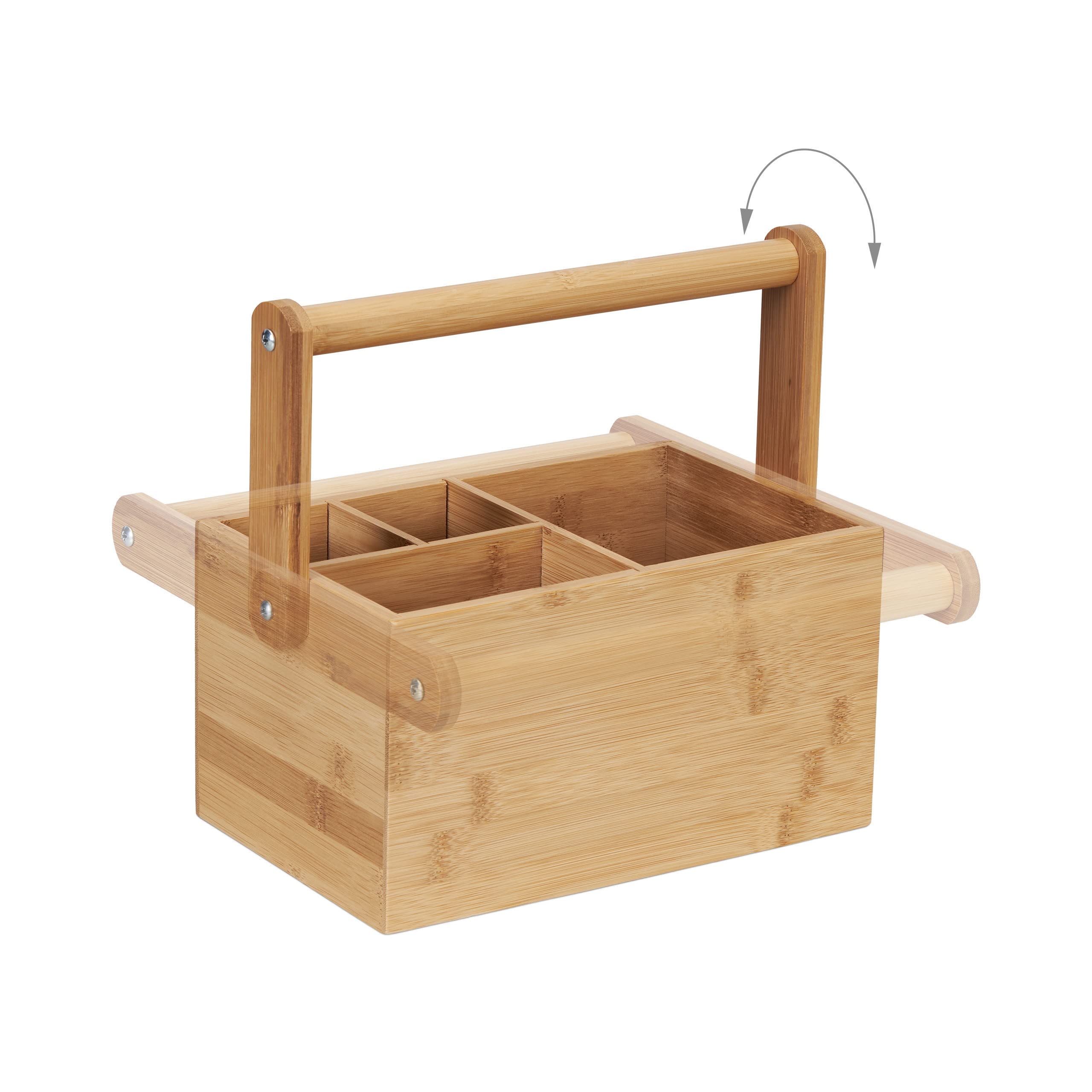 Relaxdays Bambú con Asa, 4 Espacios, 24 x 26 x 15 cm, Organizador de Escritorio y Porta Cubiertos, Natural