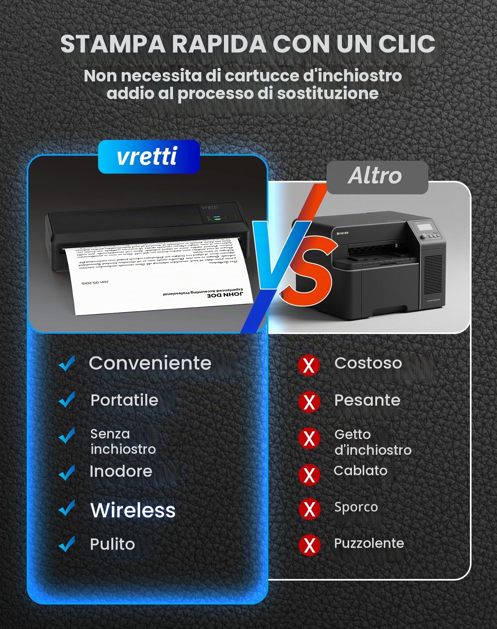 vretti Stampante Portatile A4 Compatibile con Phone/PC/USB, Bluetooth | Wireless Stampante Termica Stampa Contratti/Ricevute/Documenti,3 Rotoli di Carta, Nero