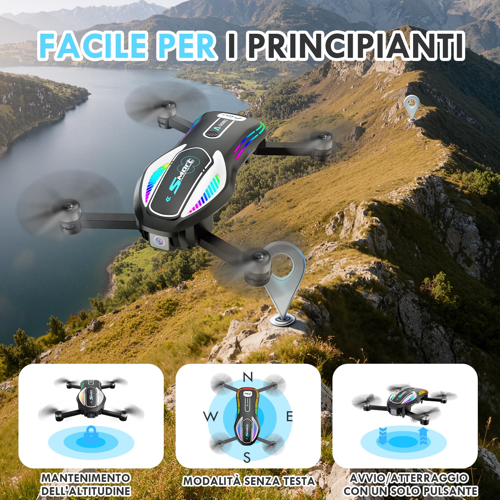 Drone pieghevole con fotocamera 1080P, flusso ottico e 2 batterie