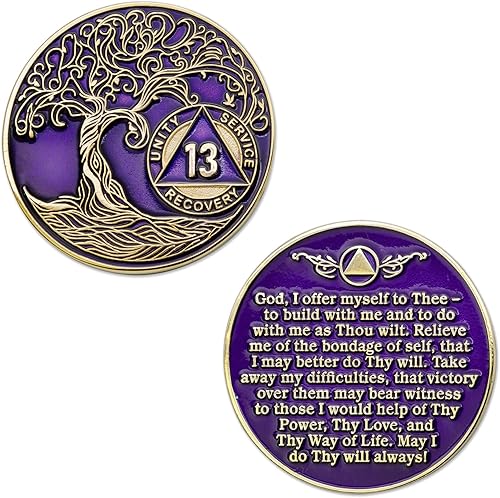 Miniatura 3 de Sobriety Mint Medallón AA de 13 años, chip de recuperación AA chapado en oro, árbol de la vida, morado