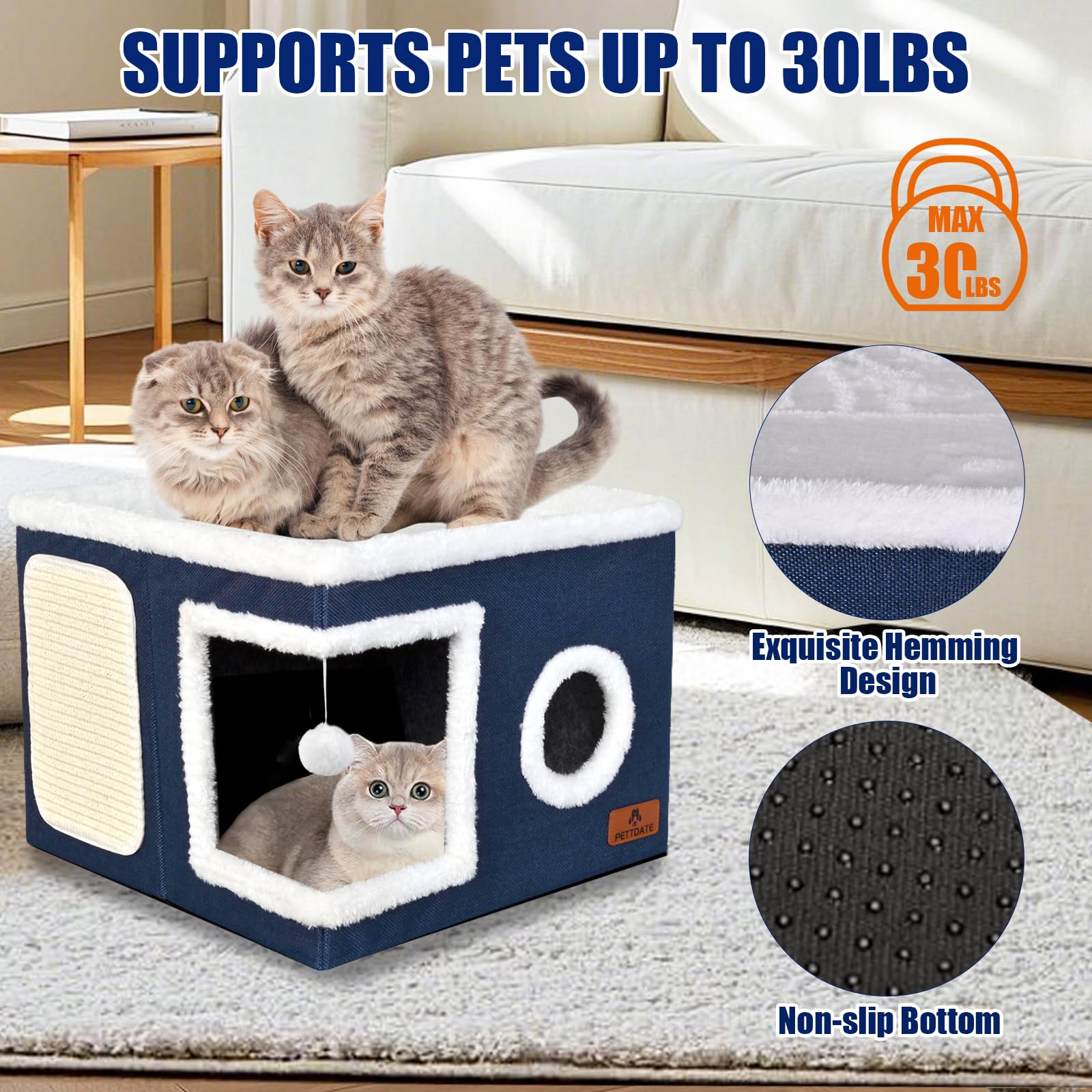 Cat Beds for Indoor Cats, Large Cat Cave Bed with Scratch Pad and Fluffy Ball, Foldable Cat Hideaway, Cat House with Reversible Cushion for Multi Small Pet Up to 30LBS, Blue