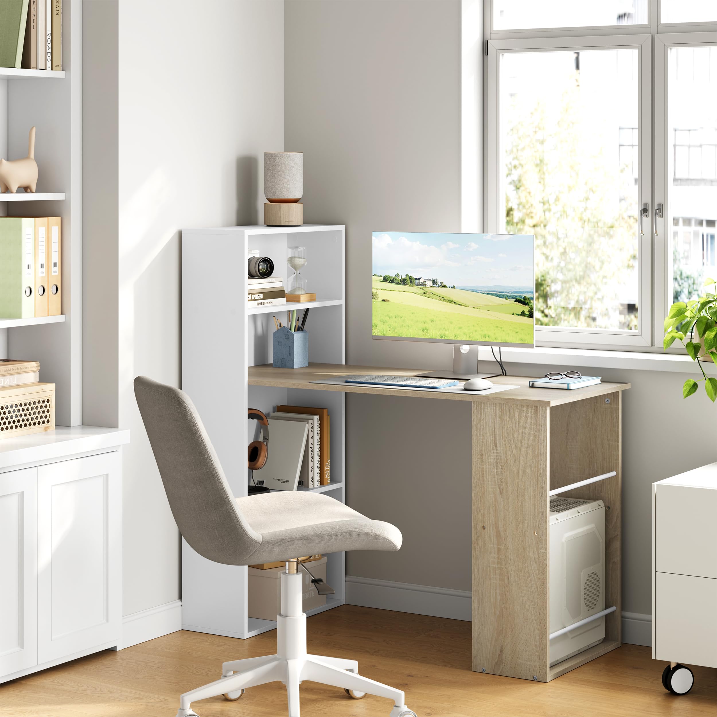 eSituro Scrivania Ufficio Compatta con Libreria Integrata - Design Salvaspazio per Studio/Camera, 120x55x122 cm, Bianco Lucido e Rovere Naturale