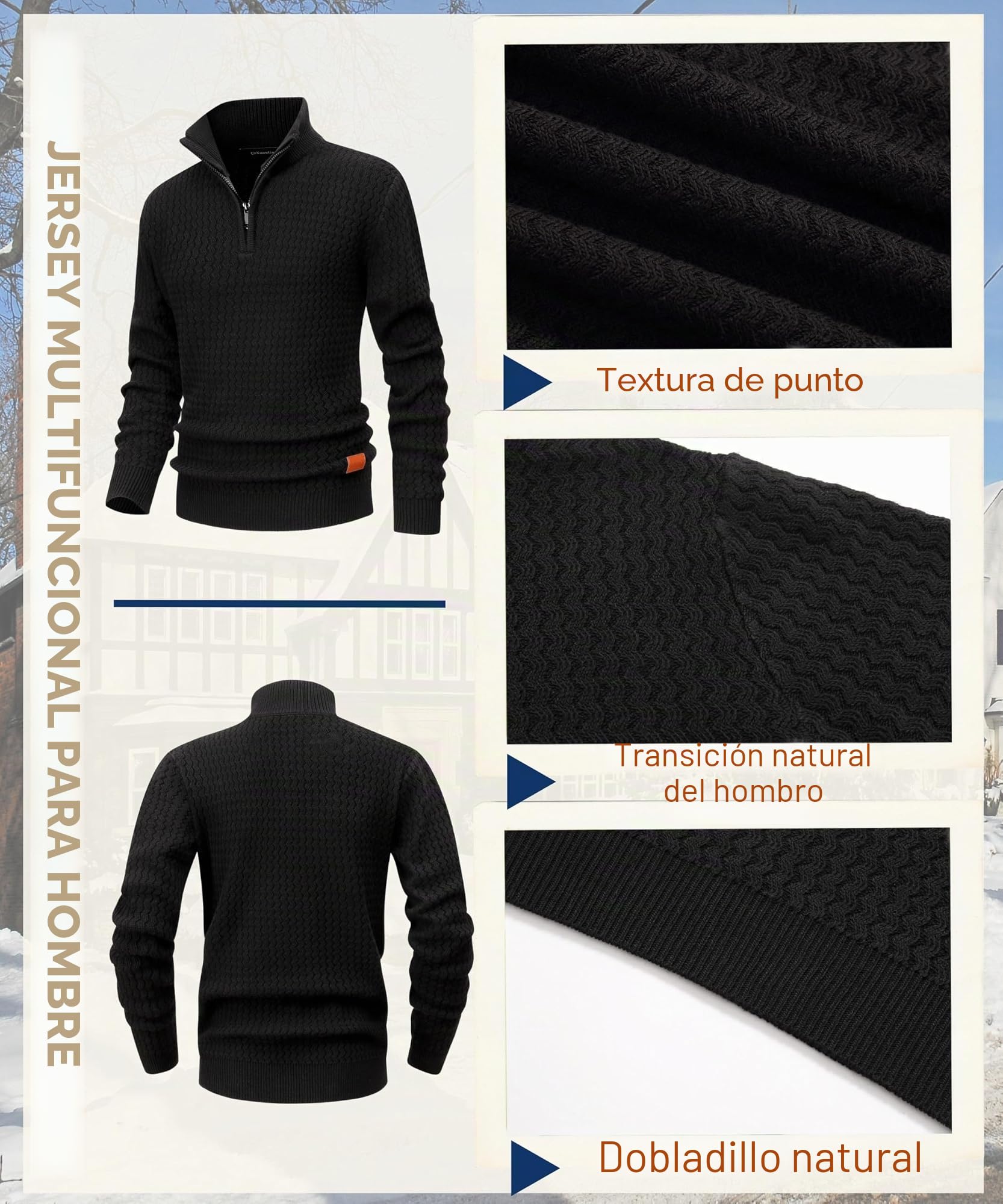 Jersey de Punto para Hombre Invierno Cuello Alto Color Sólido Suéter Punto Grueso Caliente Suéter Manga Larga Regular Fit con 1/4 Cremallera JerséIs