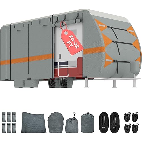 DWVO 20-22FT Travel Trailer RV Cover - Super Thick Waterproof Windproof Anti-UV Rip-Stop with 2 Long Straps & 4 Tire Covers