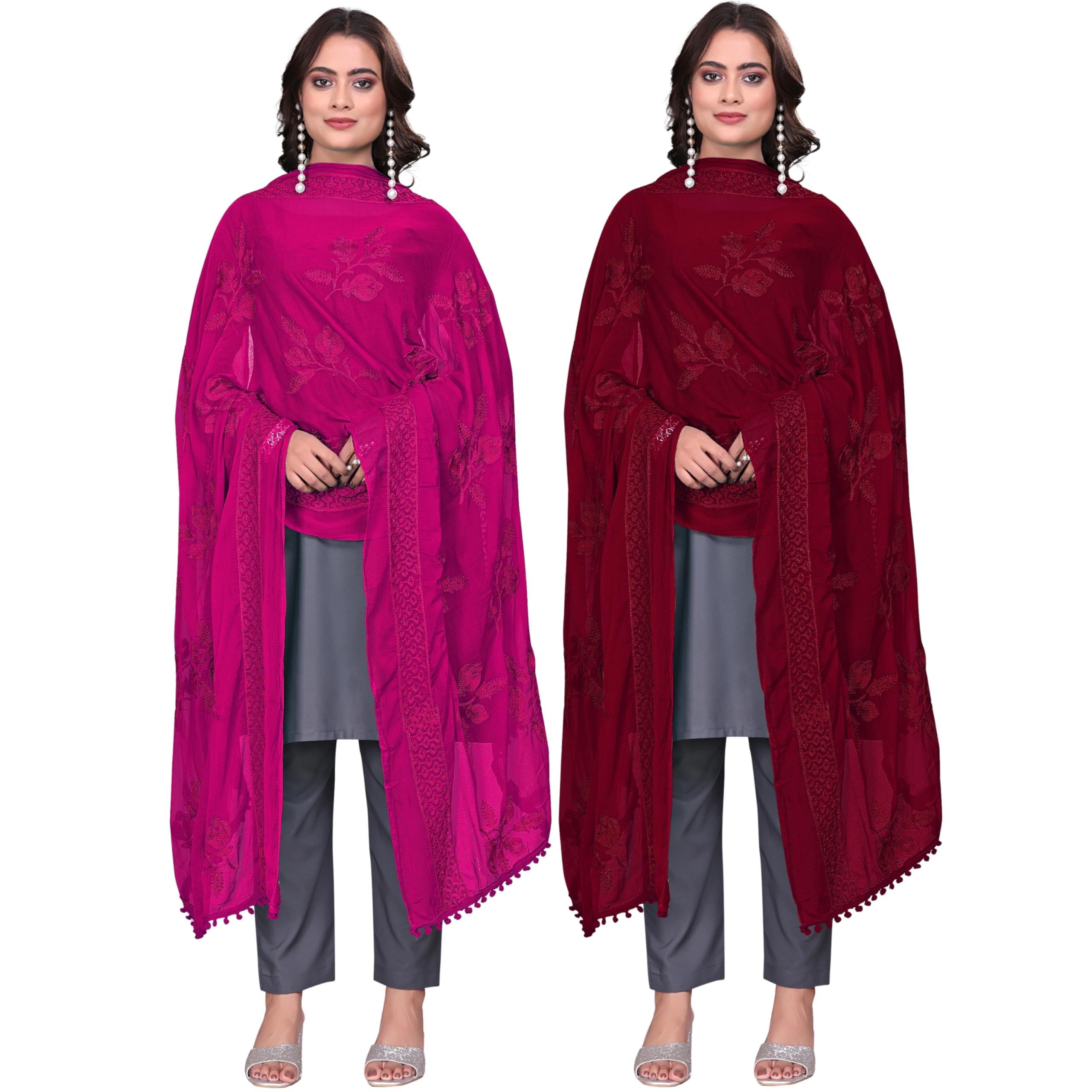 kemza Chiffon Embroidered Floral Phulkari Dupatta with Pom-Pom Lace-picture-11