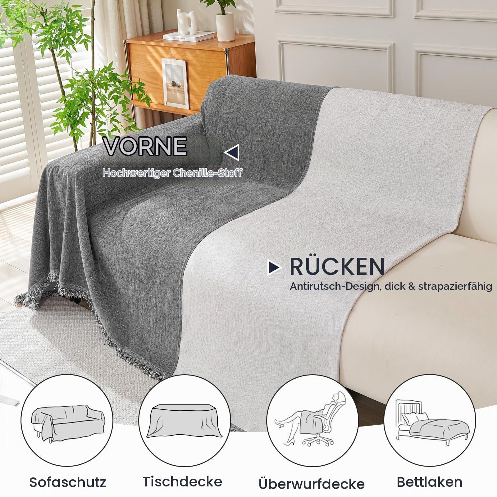 Royhom Sofa Überzug Chenille, Sofabezug L Form, Couch Überzug Ecksofa, Sofaüberwurf 2 Sitzer, Couch Überwurf mit Deko Quasten, Grau Sofa Überwurf(Dunkelgrau, 180x260cm)