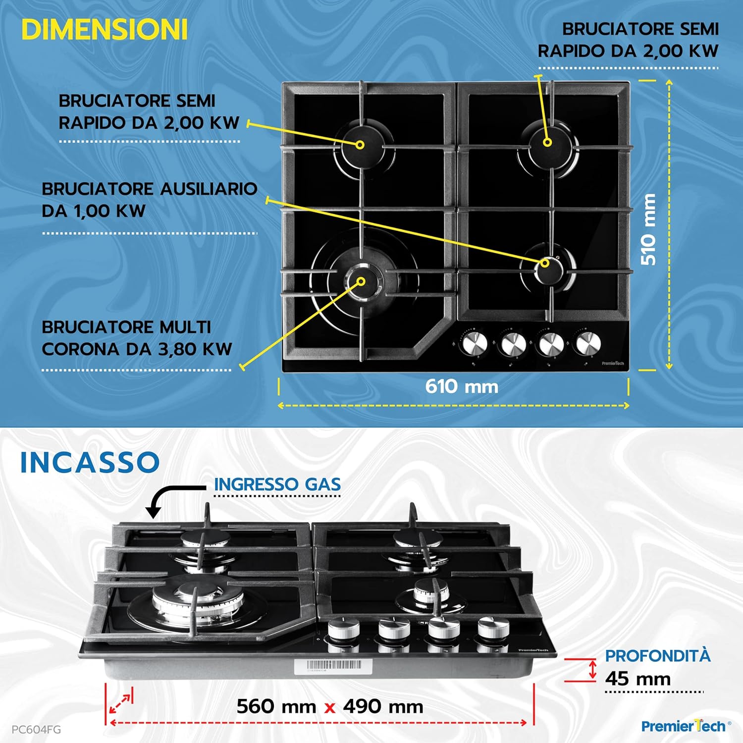 Piano Cottura a Gas 4 fuochi 60cm Nero Lucido, con ugelli per Metano e Gpl, PremierTech PC604BEG Piano Cottura a Gas 4 fuochi 60cm Nero Lucido, con ugelli per Metano e Gpl, PremierTech PC604BEG
