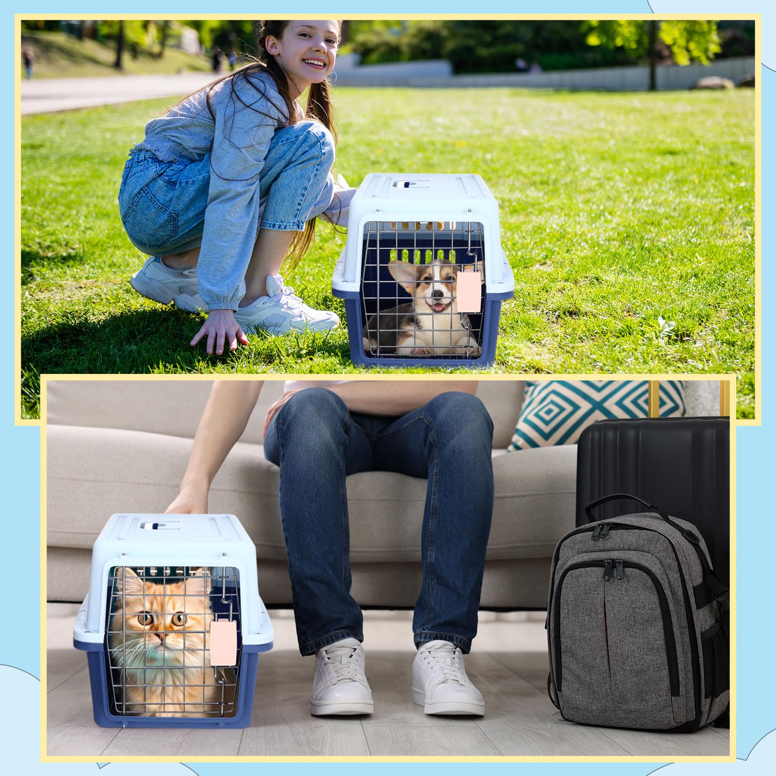 2 Sets 19" Travel Pet Carrier for Small Dogs and Cats Hard-Sided Plastic Dog Crate Cat Kennel with Wire Door, Ventilation and Security Lock Portable Pet Carrier for Car Airline Travel, Up to 13lbs - image 7