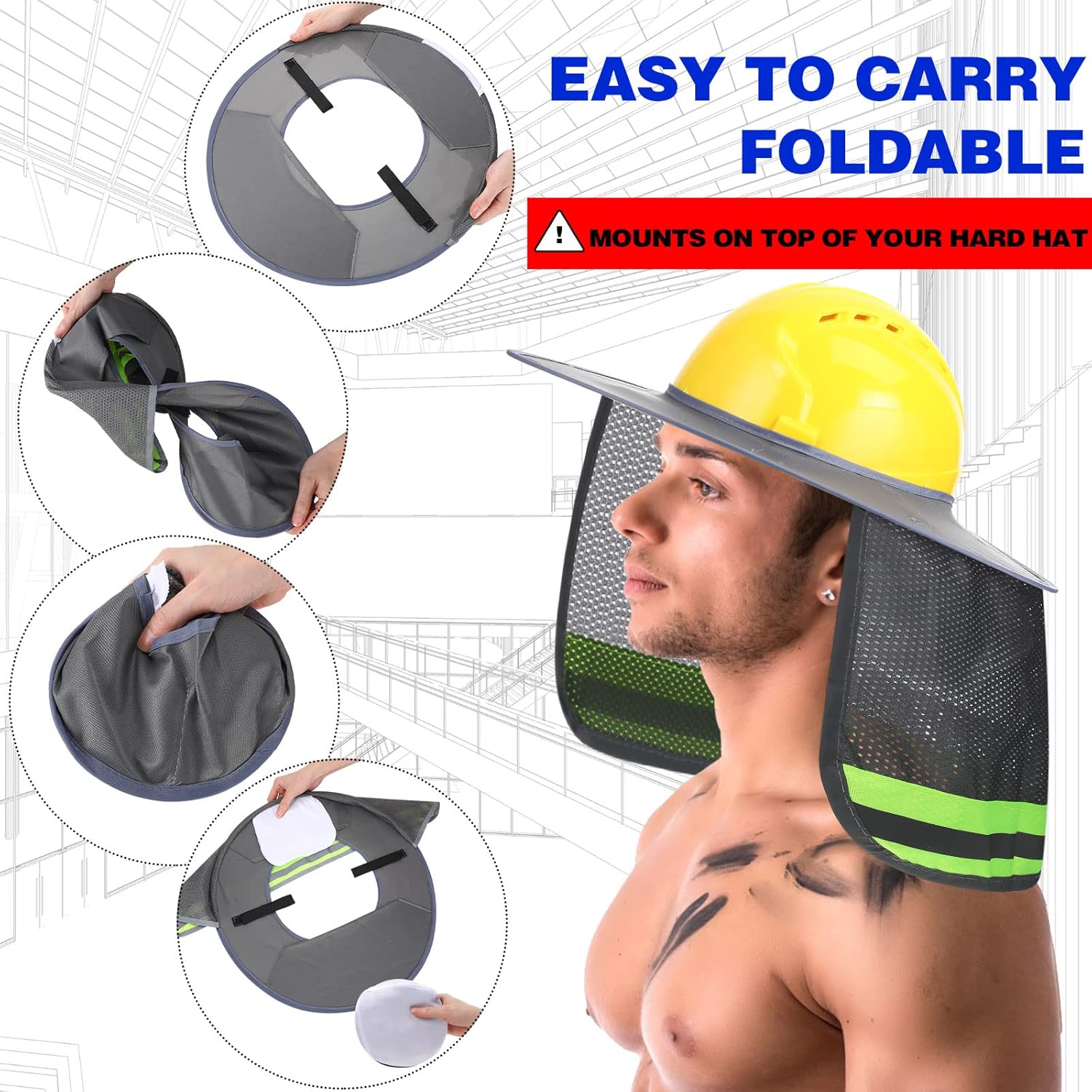 10 Pack Hard Hat Sun Shade Full Brim Neck Cover, Mesh High Visibility Sun Visor Neck Shade with Reflective Strip, Hard Hat Accessories for Construction Outdoor Gardening Summer Use(Grey)