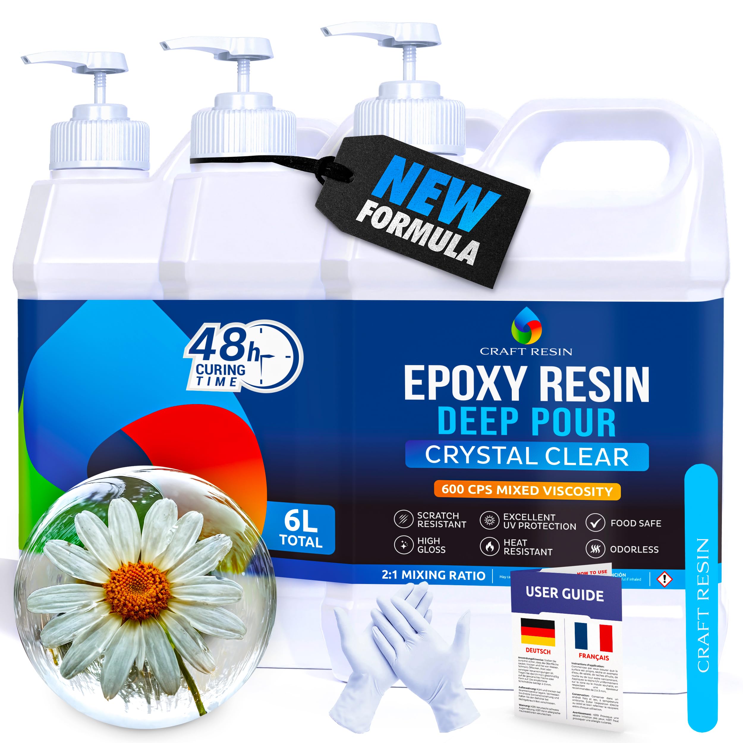CRAFT RESIN 6L Resina Epoxi de Vertido Profundo – Capa Gruesa de Hasta 8 cm en un Solo Vertido – Resina Epoxi Transparente para Bricolaje, Arte, Mesas Río, Madera, Azulejos, Coladas Huecas y Moldes