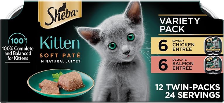 Sheba Perfect Portions Kitten Wet Cat Food Pate Chicken Entree and Salmon Entree, 2.6 oz. Twin-Pack Trays 12 Count, 24 Servings