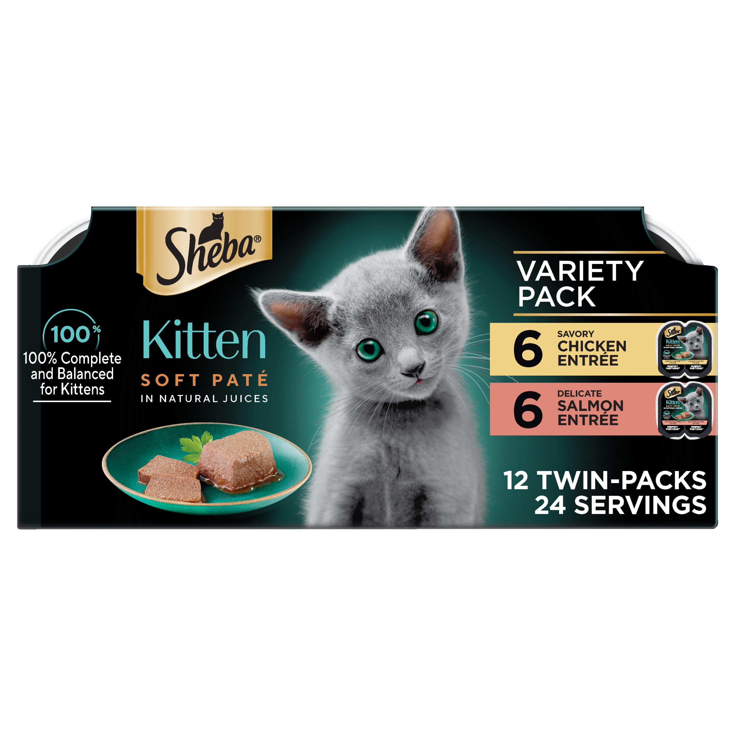 Sheba Perfect Portions Kitten Wet Cat Food Pate Chicken Entree and Salmon Entree, 2.6 oz. Twin-Pack Trays (12 Count, 24 Servings)