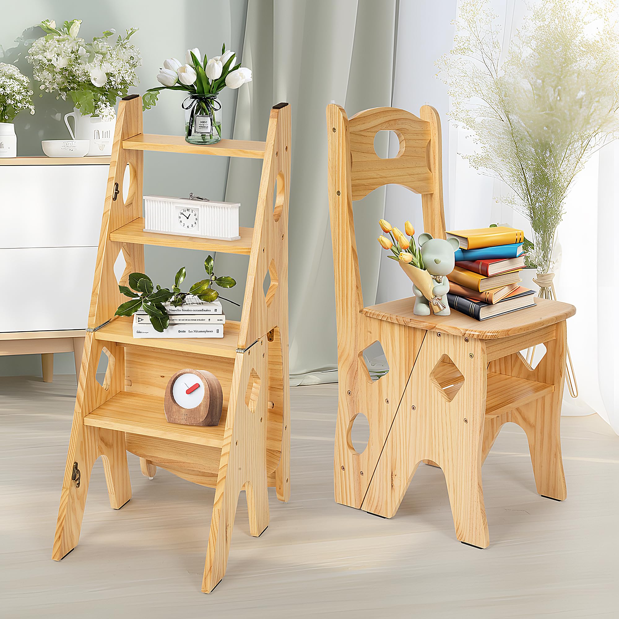 Taburete plegable para biblioteca (4 niveles, hasta 180 kg) | Silla plegable de madera maciza, para escalones, exposición, soporte para flores, madera, 46 x 34 x 87 cm