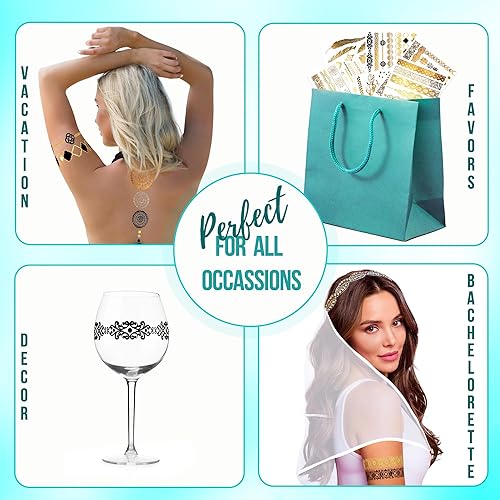 Miniatura 8 de PREMIUM metálico Henna Tatuajes  75 + Boho Mandala & mehndi Shimmer diseños en oro, plata, negro  Joyas Tatuajes falsos temporales (Serenity