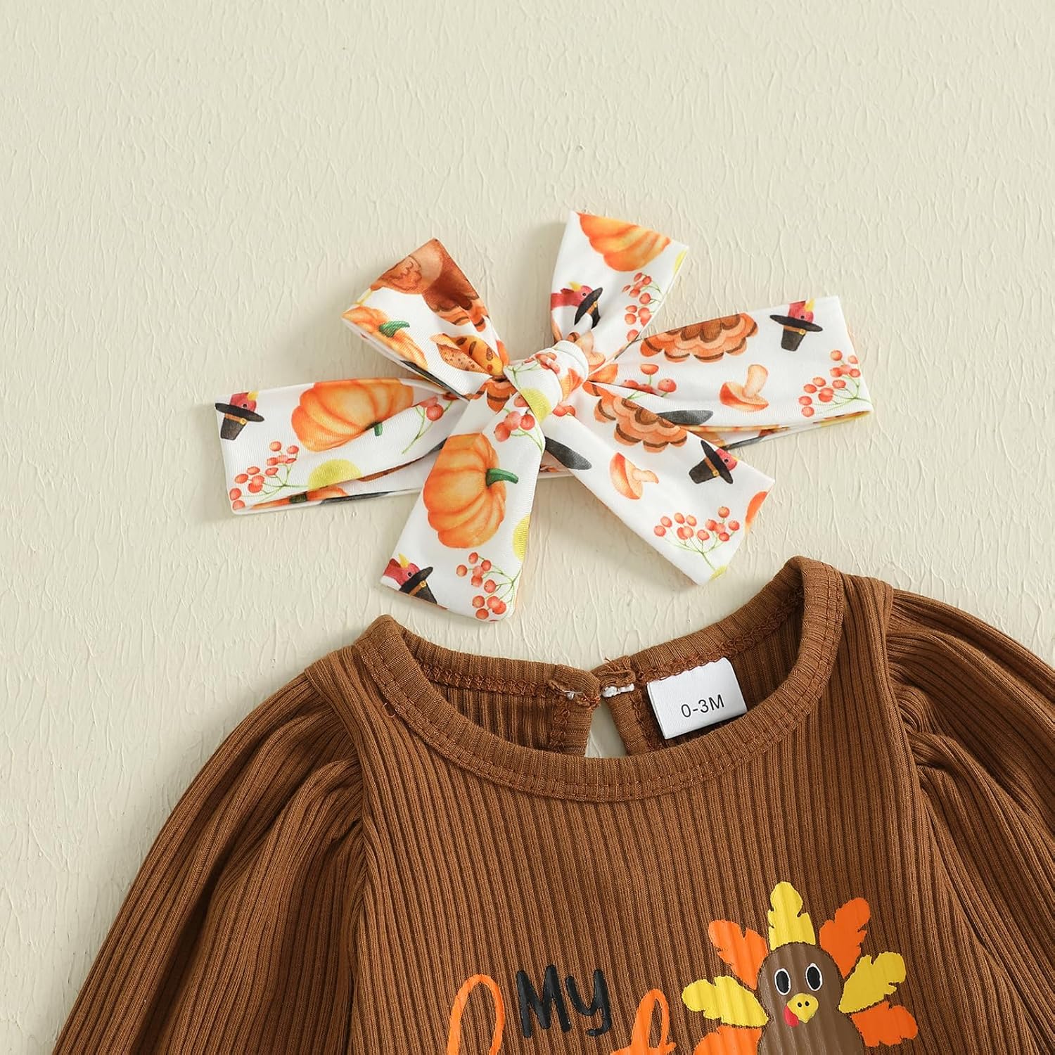 SAYOO My First Thanksgiving Baby Girl Outfit Newborn Puff Sleeve Ribbed Knit Turkey Bodysuit Flare Pant Headband Clothes - Image 6