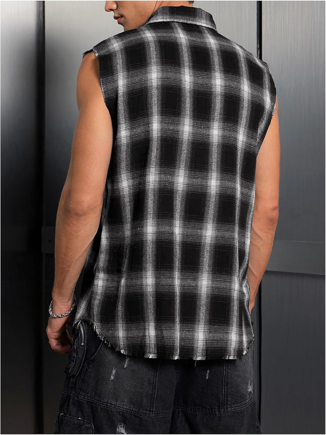 Men's Sleeveless Shirts Plaid Raw Trim Button Down Muscle Tank Tops - Image 3