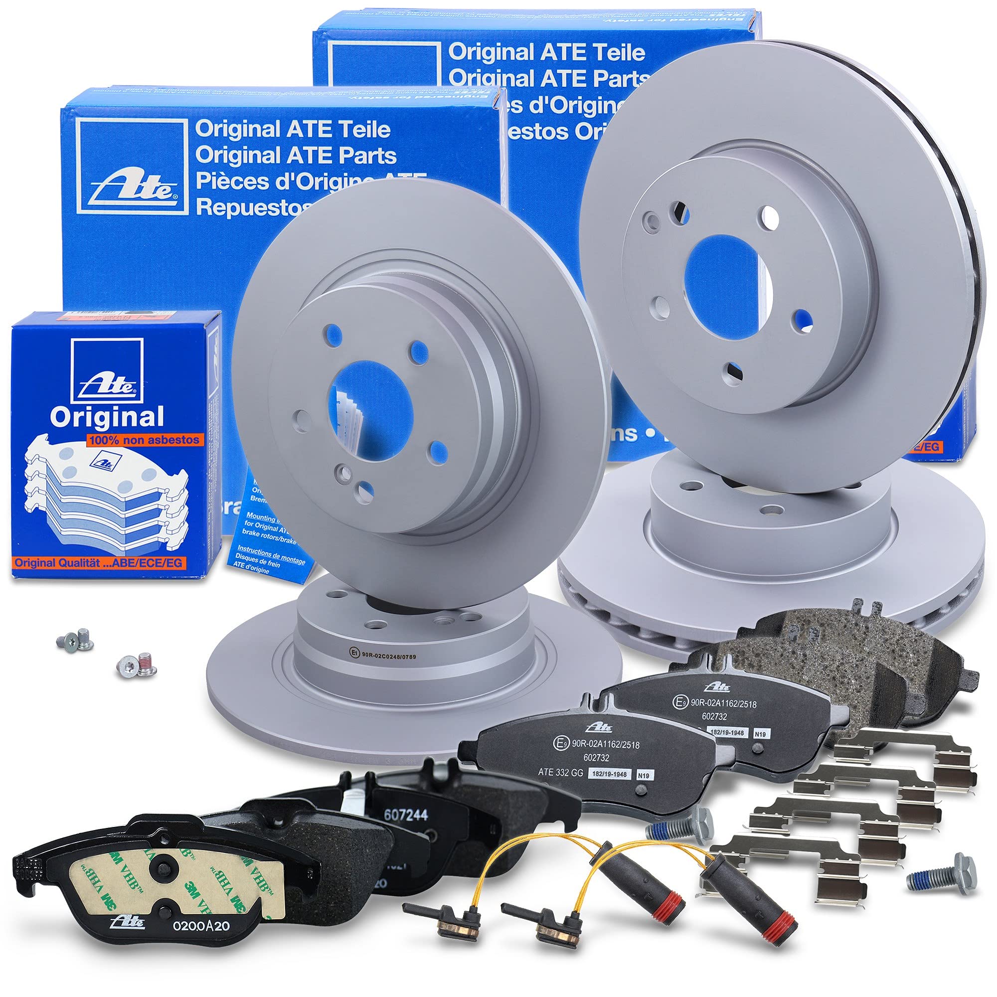 ATE Set di freni +dischi freno anteriori ¯ 295mm ventilati +posteriori ¯ 300mm pieni e pastiglie freno anteriori +posteriori Compatibile con MERCEDES Classe C (204), Classe E CoupŽ (C207)