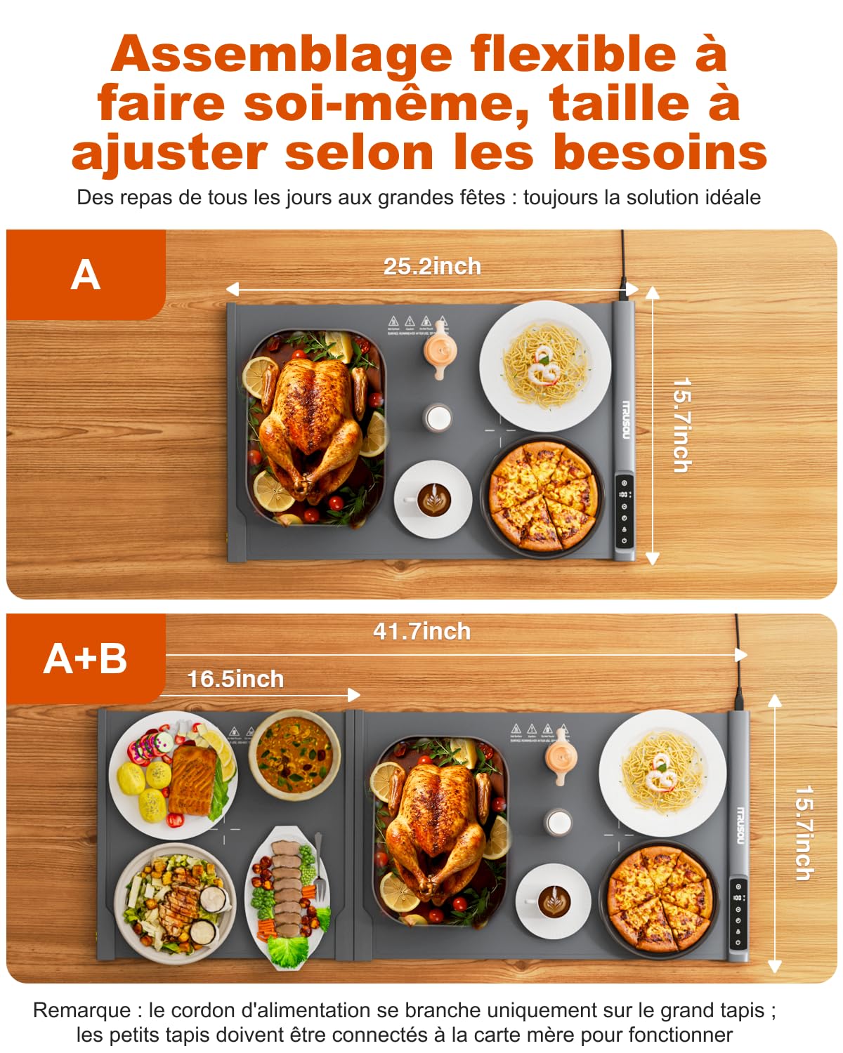 Tapis chauffant XXL pour comptoir 106,7 x 40,6 cm – Plateau chauffant électrique extra large pour buffets, fêtes et repas de famille – 2 pièces enroulables extensibles pour un chauffage rapide sur