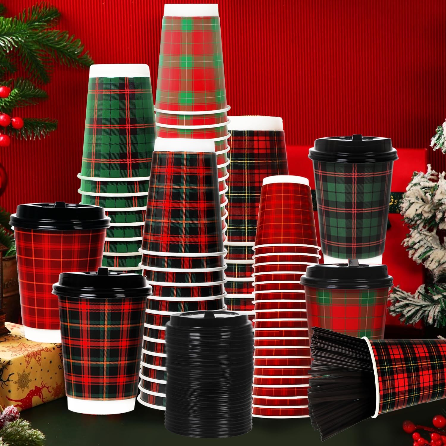 100 Count Christmas Plaid Paper Cups 12 Ounces Disposable Beverage Cups Extra Thick Insulated Disposable Coffee Cups with 120 Count Leak Proof Lids To Go Cups for Hot & Cold Liquids, 5 Styles