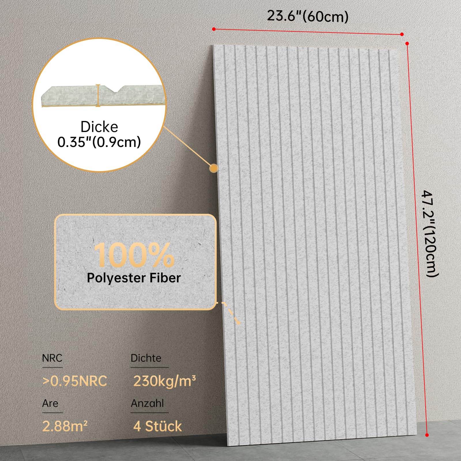 4 Stücke Akustikplatten,120x60x0.9 cm Kante Hochdichte Akustik Panel Schallschutzpaneele Schallabsorber Schallschutz für Tonstudio, Büro,Studio und Wanddekoration,Silbergrau