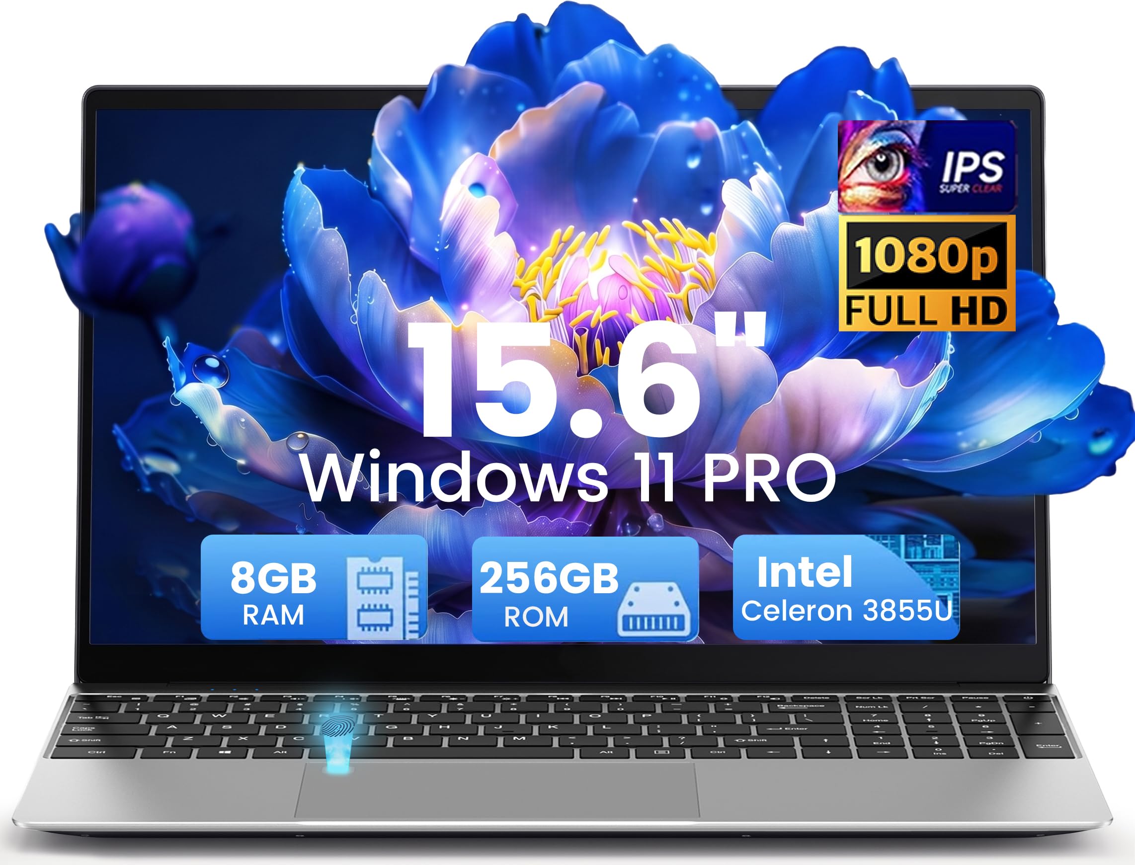 Kayoote 15.6" Portátil Win 11 Pro, 8GB RAM 256GB SSD, Pantalla 1080P FHD, Procesador 3855U, Teclado Retroiluminado, Huella Dactilar, USB3.0, Batería 5000mAh, Computadora para Negocios y Escuela