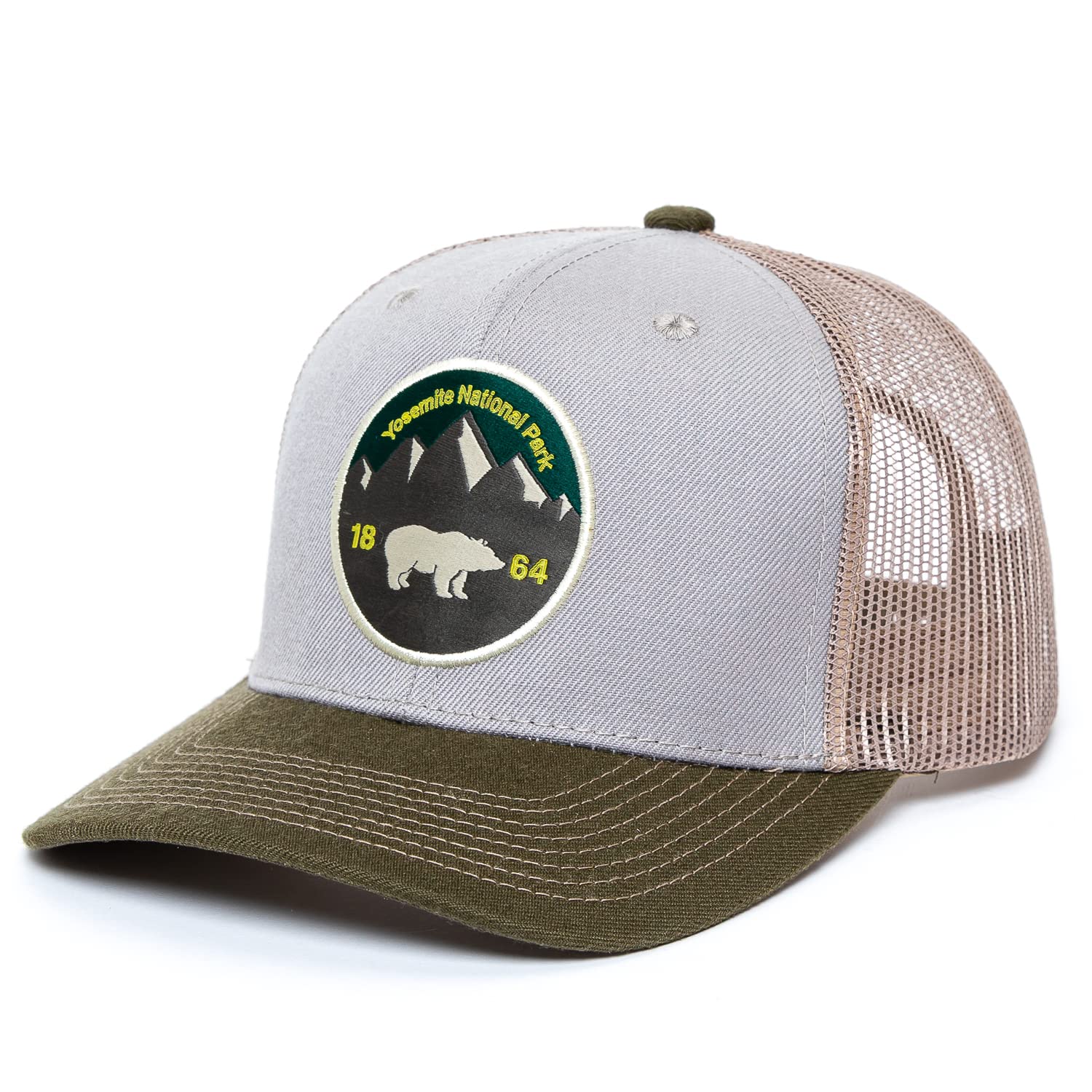 BHELGYosemite National Park Bear Patched Premium Wool Blend Tri Color Trucker Hat Green, Green, Small-Large
