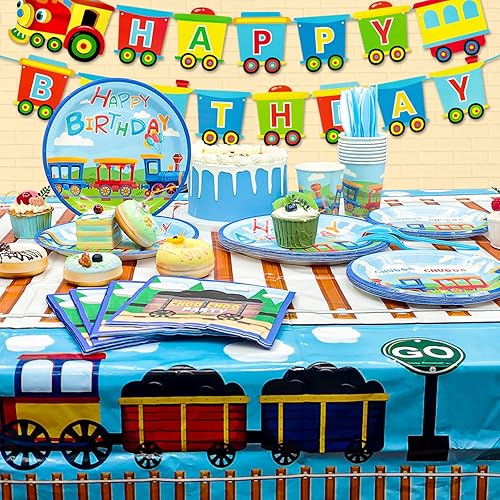 Miniatura 3 de Suministros para fiesta de cumpleaños de tren, juego de vajilla de 128 piezas para decoración de fiesta de tren, platos y tazas, servilletas y tren