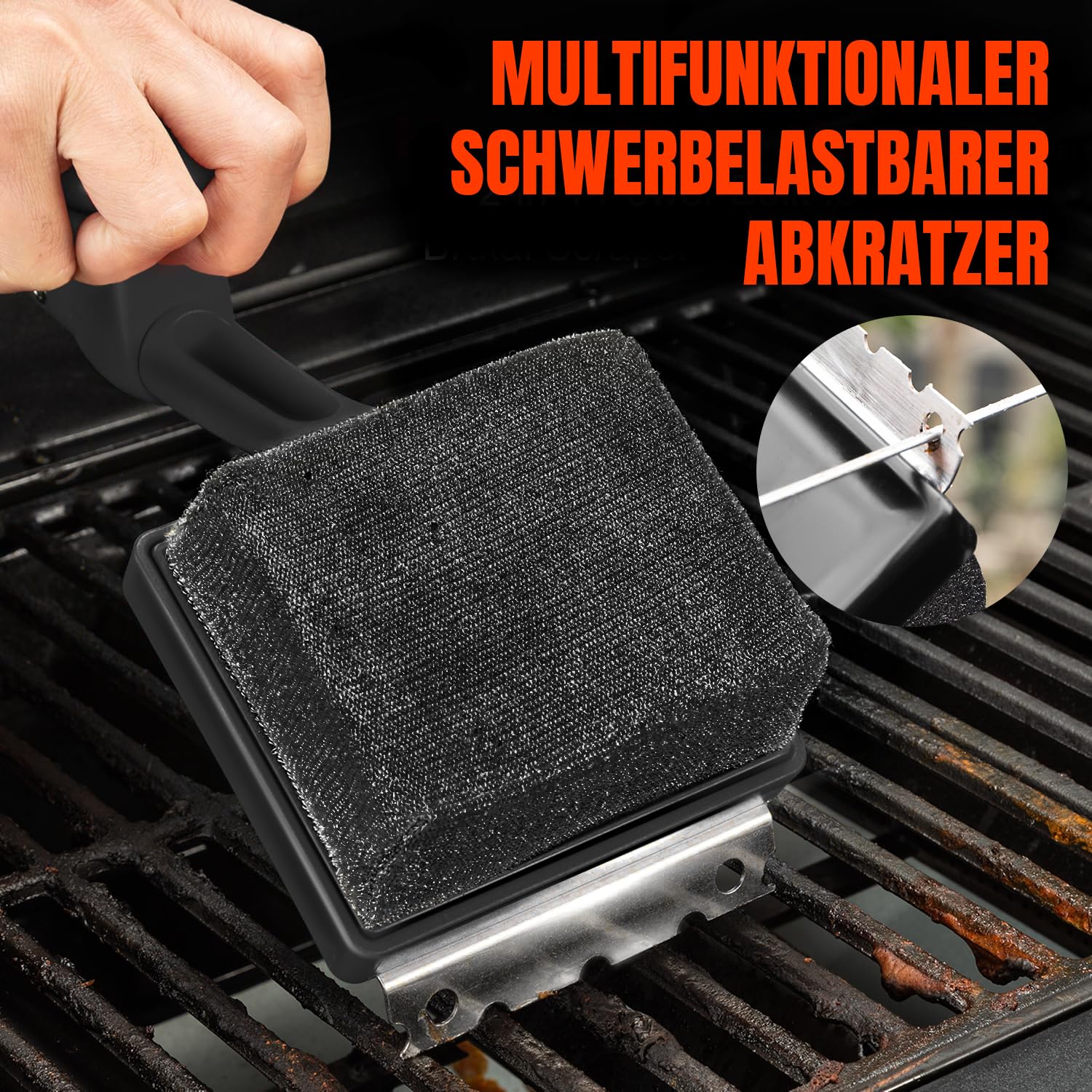 Brosse barbecue 4 en 1 Accessoires BBQ avec grattoir acier inoxydable Brosse réutilisable pour nettoyage grille Tissu Kevlar Sans poils