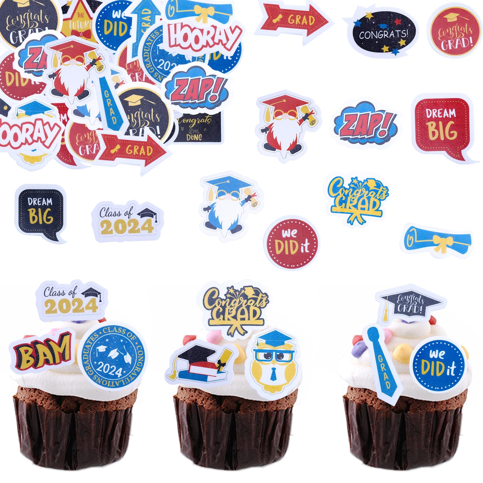 ENLACE Essbare Tortendeko Abschluss Deko für Torte,72 Stück Graduation Tortendeko Essbar,Esspapier Tortendeko Grade Cap Cupcake Topper Essbar,Kuchendeko für 2024 Abschluss Party Partyzubehör