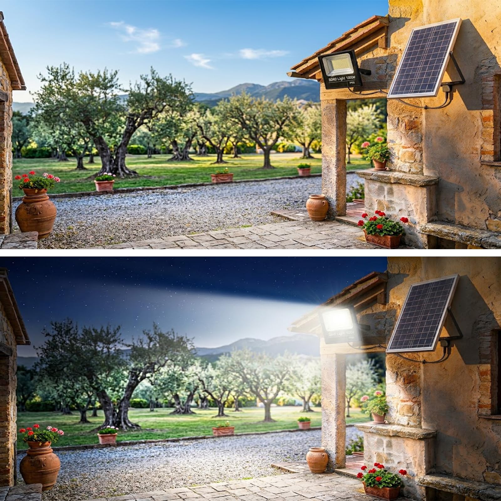 Faro Solare LED 1000W con Pannello Solare, Luce Esterno 6500K Ultra Potente, Sensore Crepuscolare Automatico, Telecomando, IP66 Impermeabile, Faretto da Esterno per Giardino, Cortile, Strada