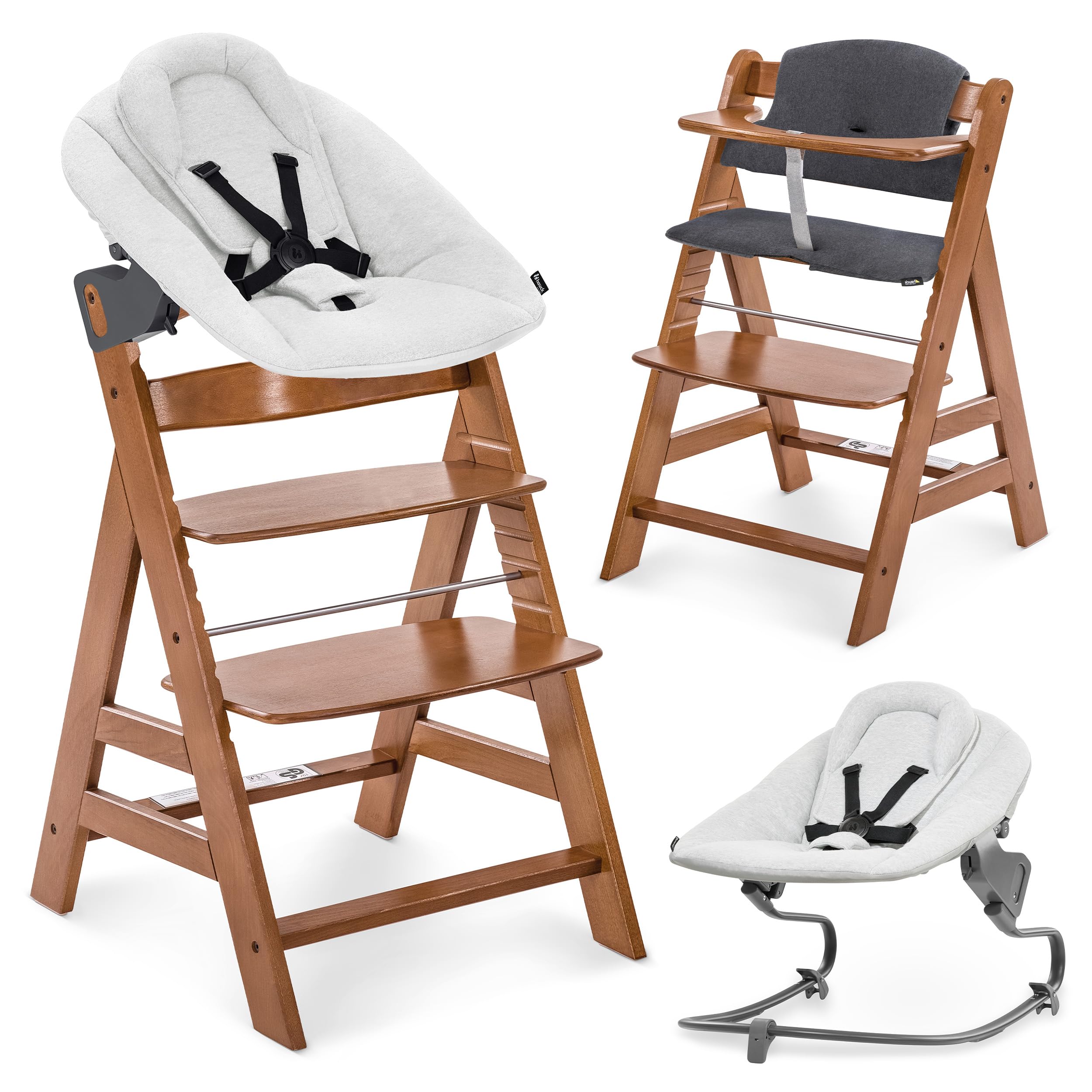 hauck Chaise Haute Bébé Alpha+ avec Siège Nouveau-né Premium - Walnut | Chaise haute évolutive en bois, de la naissance à 90 kg, inclus assise bébé avec réducteur, coussin, idéal pour repas