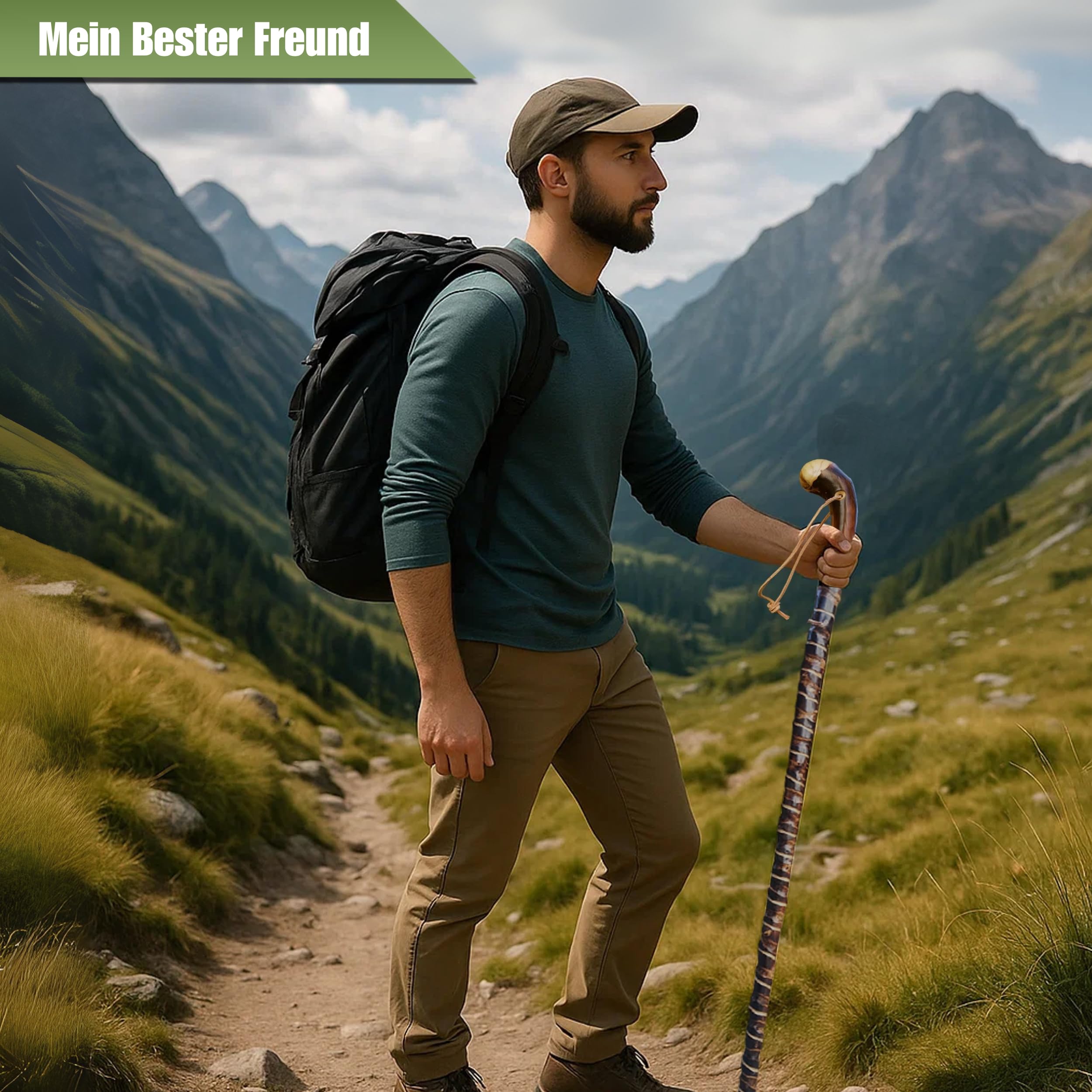 Holz Wanderstock mit Doppelspirale und Sternzeichen-Symbolen-Optional, Länge 98-150 cm - Personalisierte Gravur bis zu 10 Zeichen im Preis enthalten