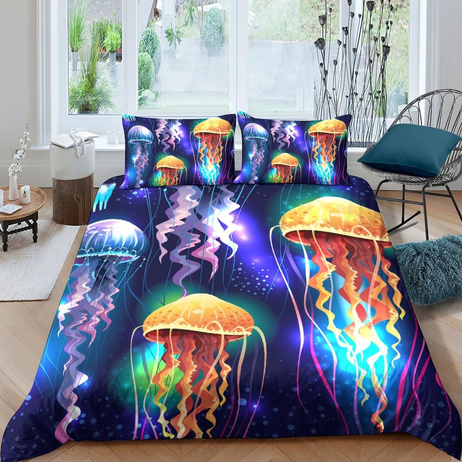 Ctjqhvkz Style-1 3D Printed Vibrant Jellyfish Fitted Sheet Microfiber Anti-Slip Mattress Cover Bedroom Decor Machine Washable Single（135X200cm）