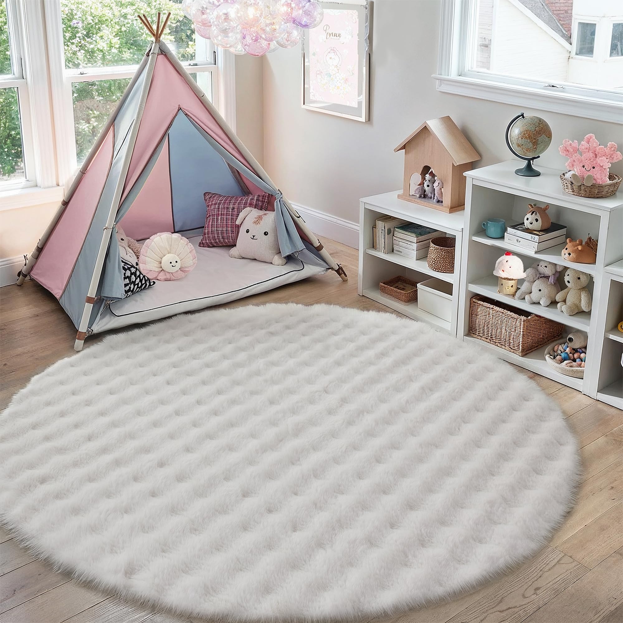 PureCozy Round Rug 180cm White Circle Rugs Living Room Bedroom Fluffy Washable Carpet Soft Faux Fur Carpets Non Slip Kids Girl Lounge Bedside Nursery Office Modern Low Pile Area Rug โ image 1